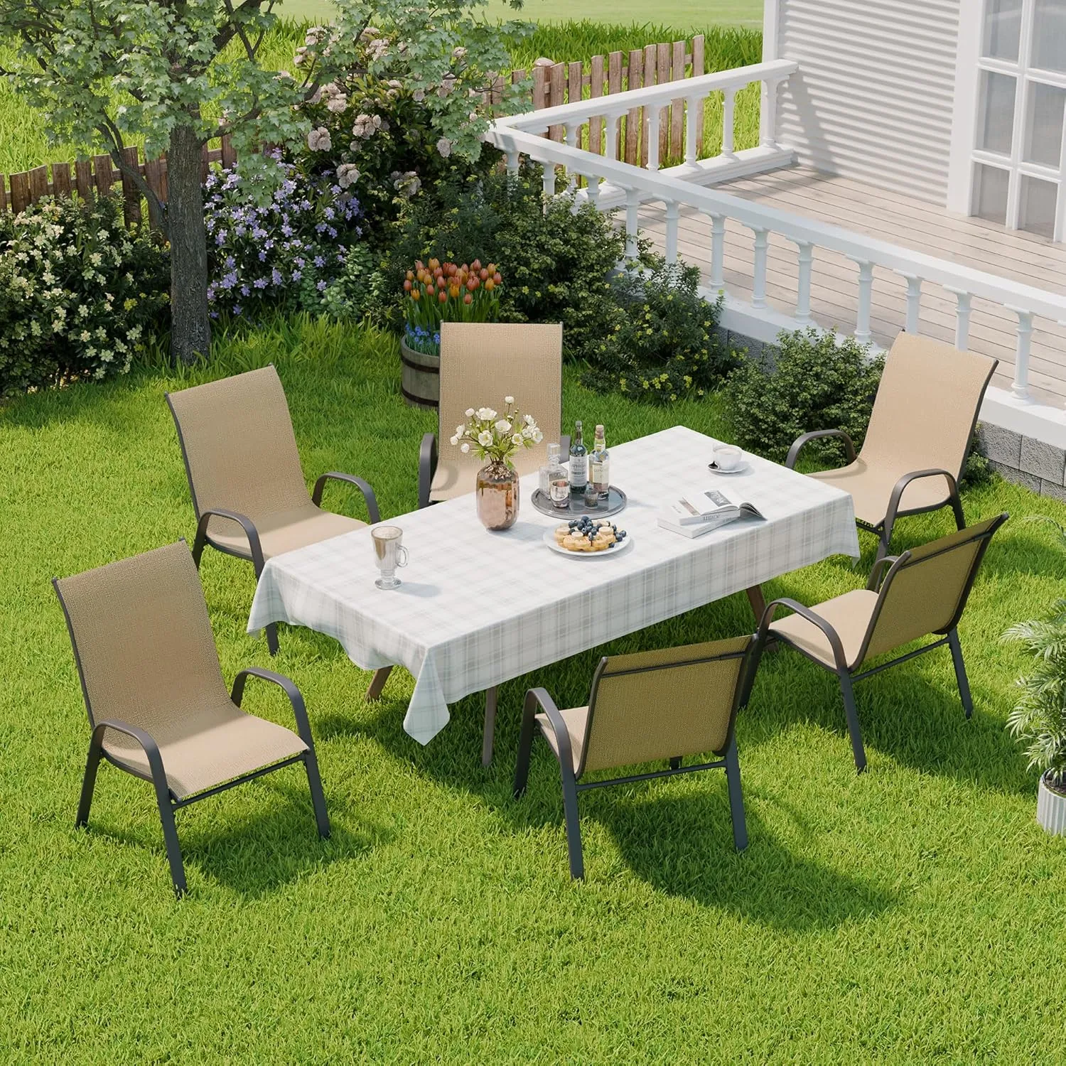 Patio Chairs Set of 6, Outdoor Dining Chairs Stackable for All Weather, Breathable Metal Modern Outside Furniture Chair for Pool Side, Garden, Backyard Deck, Brown