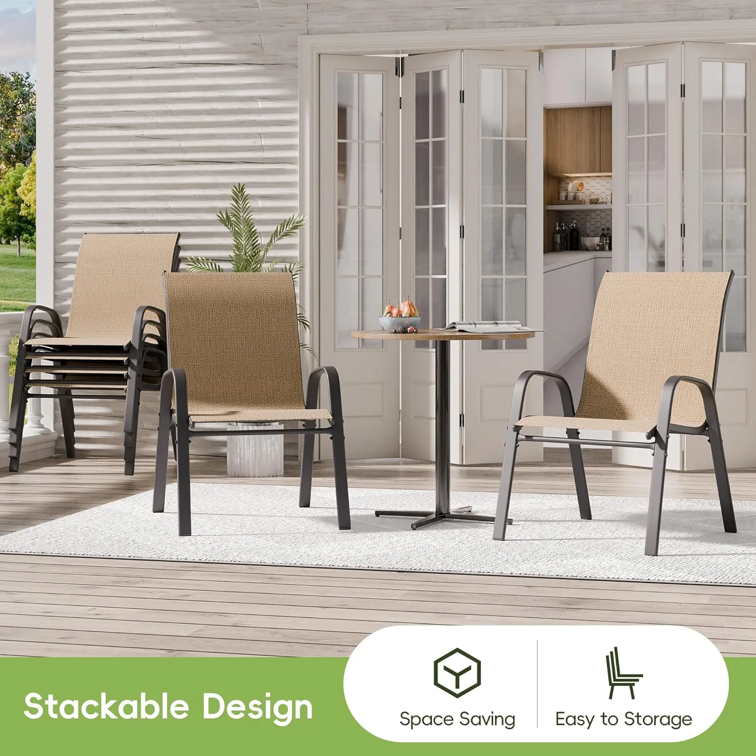 Patio Chairs Set of 6, Outdoor Dining Chairs Stackable for All Weather, Breathable Metal Modern Outside Furniture Chair for Pool Side, Garden, Backyard Deck, Brown