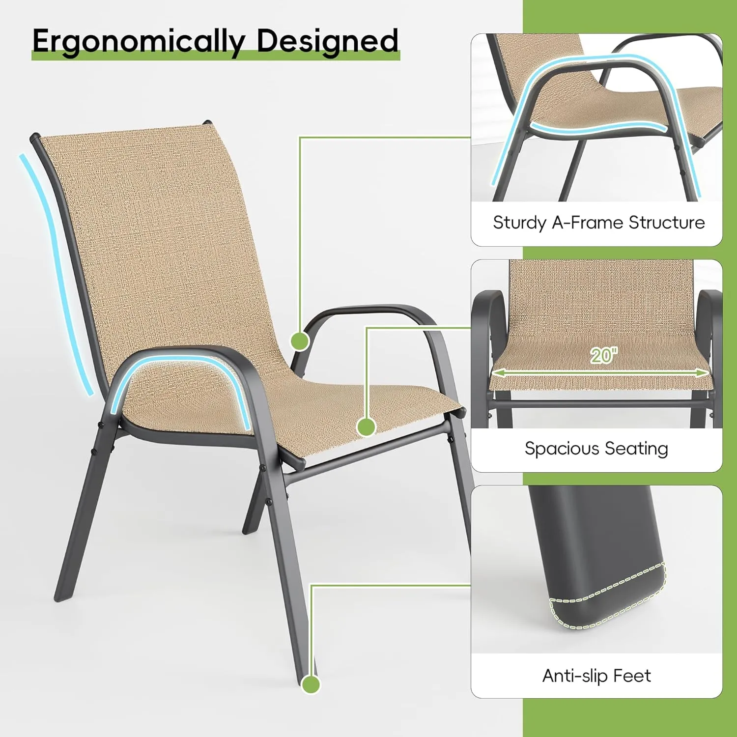 Patio Chairs Set of 6, Outdoor Dining Chairs Stackable for All Weather, Breathable Metal Modern Outside Furniture Chair for Pool Side, Garden, Backyard Deck, Brown