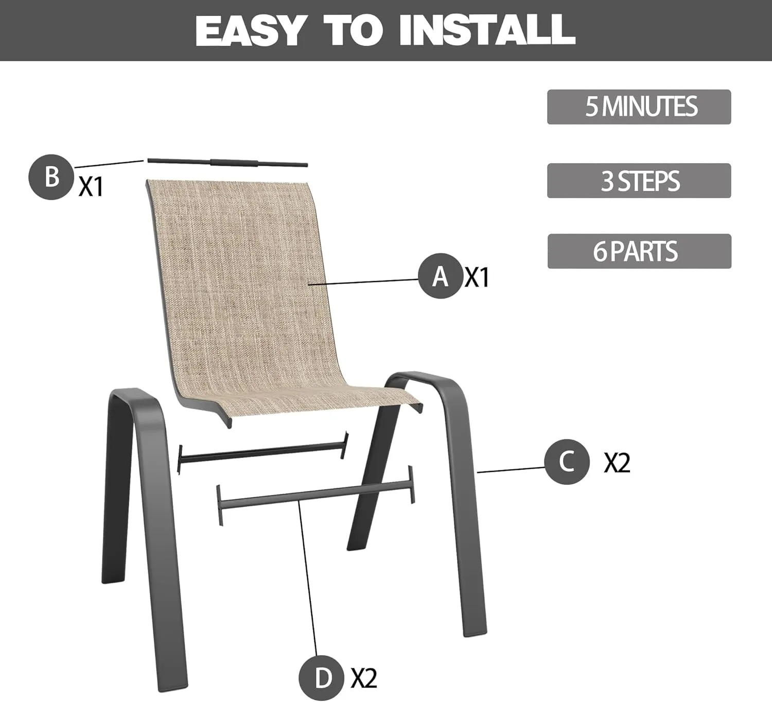 Patio Chairs, Stackable Outdoor Dining Chairs for All Weather Textilene Fabric & Metal Frame, Outdoor Chairs Set for Backyard Deck Garden (Brown, Set of 6)