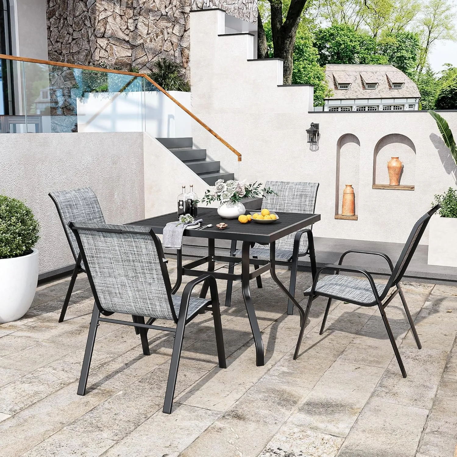 Patio Chairs, Stackable Outdoor Dining Chairs for All Weather Textilene Fabric & Metal Frame, Outdoor Chairs Set for Backyard Deck Garden (Grey, Set of 6)