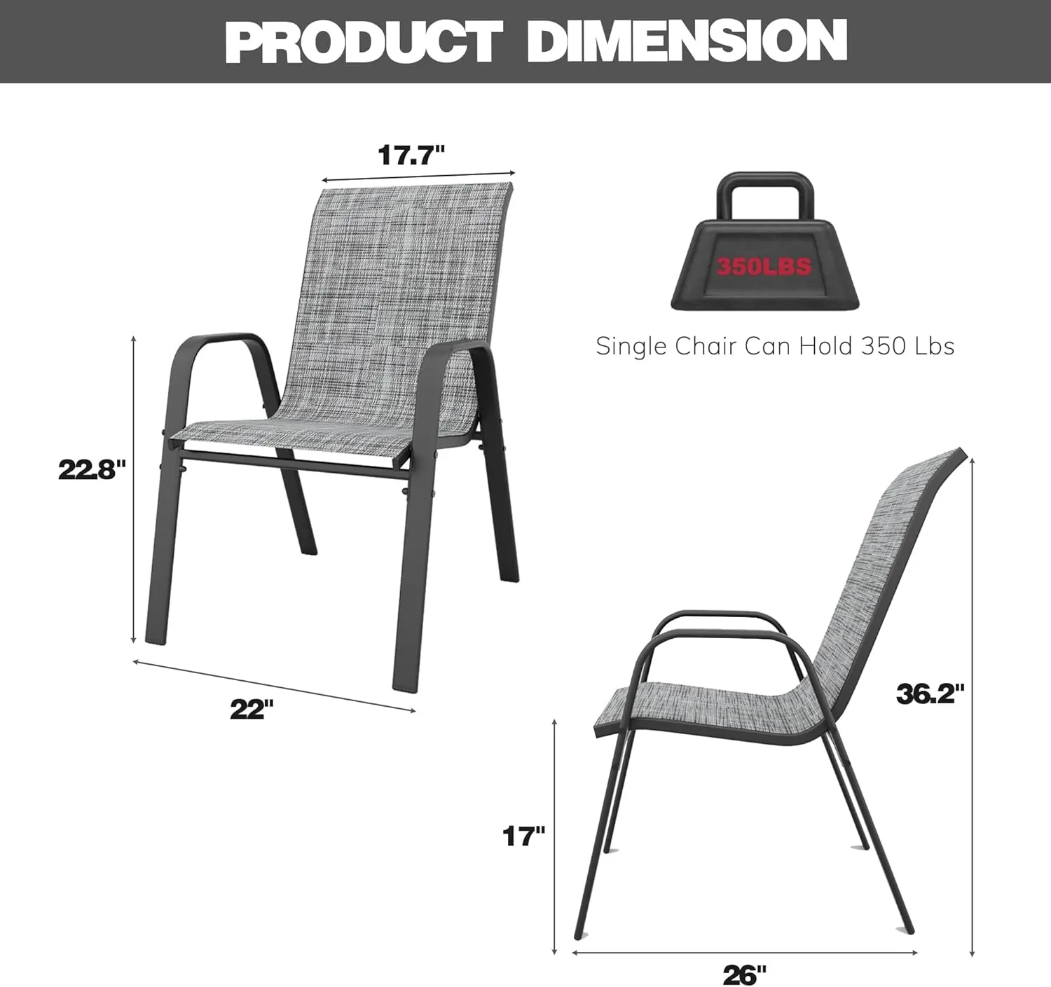Patio Chairs, Stackable Outdoor Dining Chairs for All Weather Textilene Fabric & Metal Frame, Outdoor Chairs Set for Backyard Deck Garden (Grey, Set of 6)