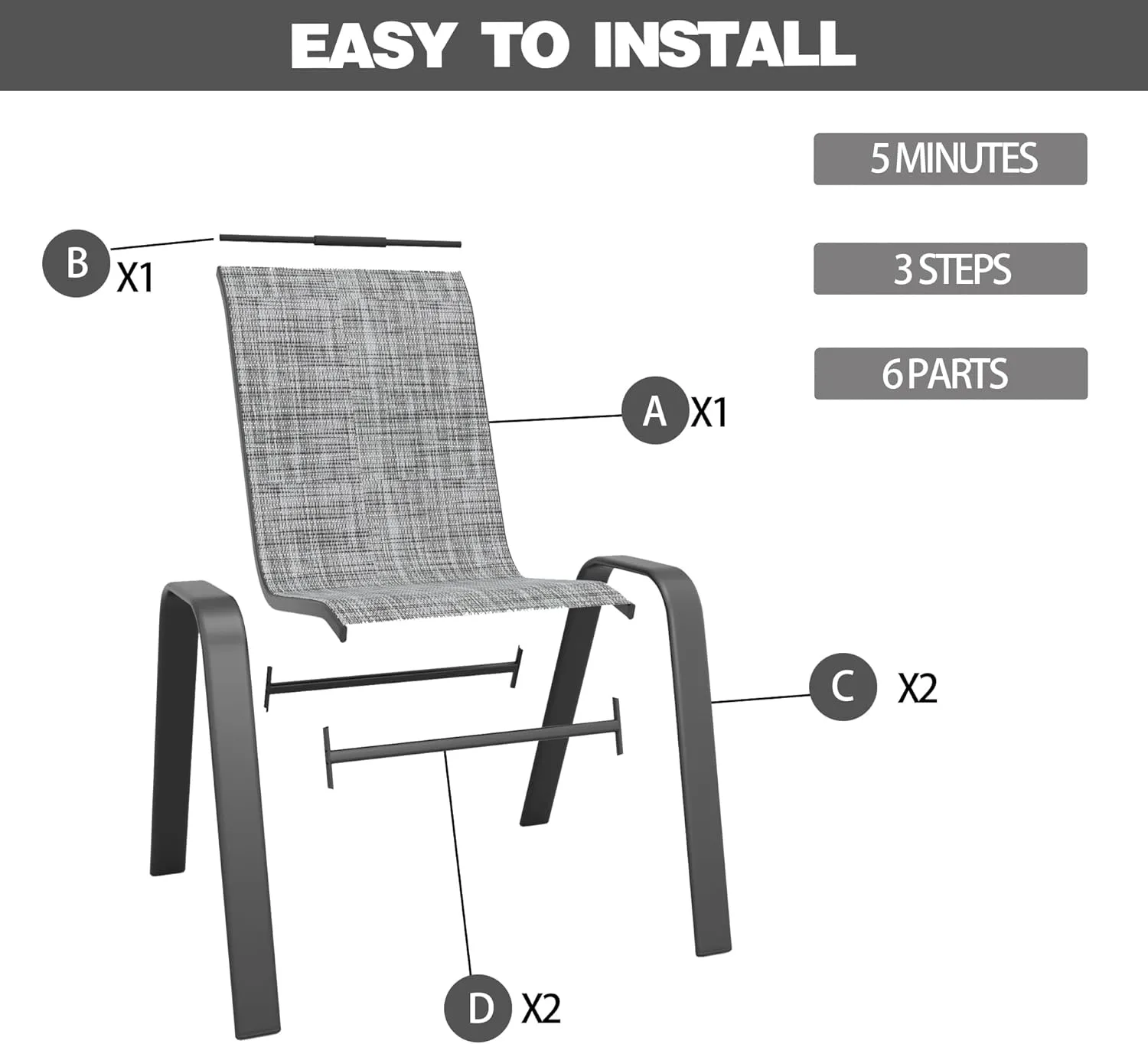 Patio Chairs, Stackable Outdoor Dining Chairs for All Weather Textilene Fabric & Metal Frame, Outdoor Chairs Set for Backyard Deck Garden (Grey, Set of 6)