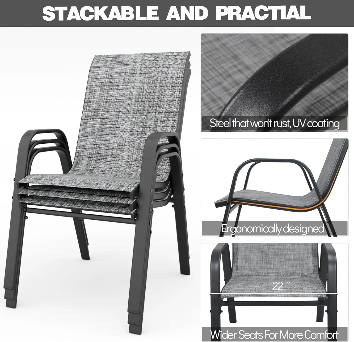 Patio Chairs, Stackable Outdoor Dining Chairs for All Weather Textilene Fabric & Metal Frame, Outdoor Chairs Set for Backyard Deck Garden (Grey, Set of 6)