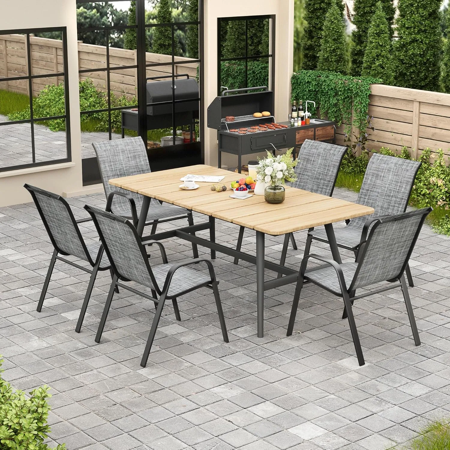 Patio Chairs, Stackable Outdoor Dining Chairs for All Weather Textilene Fabric & Metal Frame, Outdoor Chairs Set for Backyard Deck Garden (Grey, Set of 6)