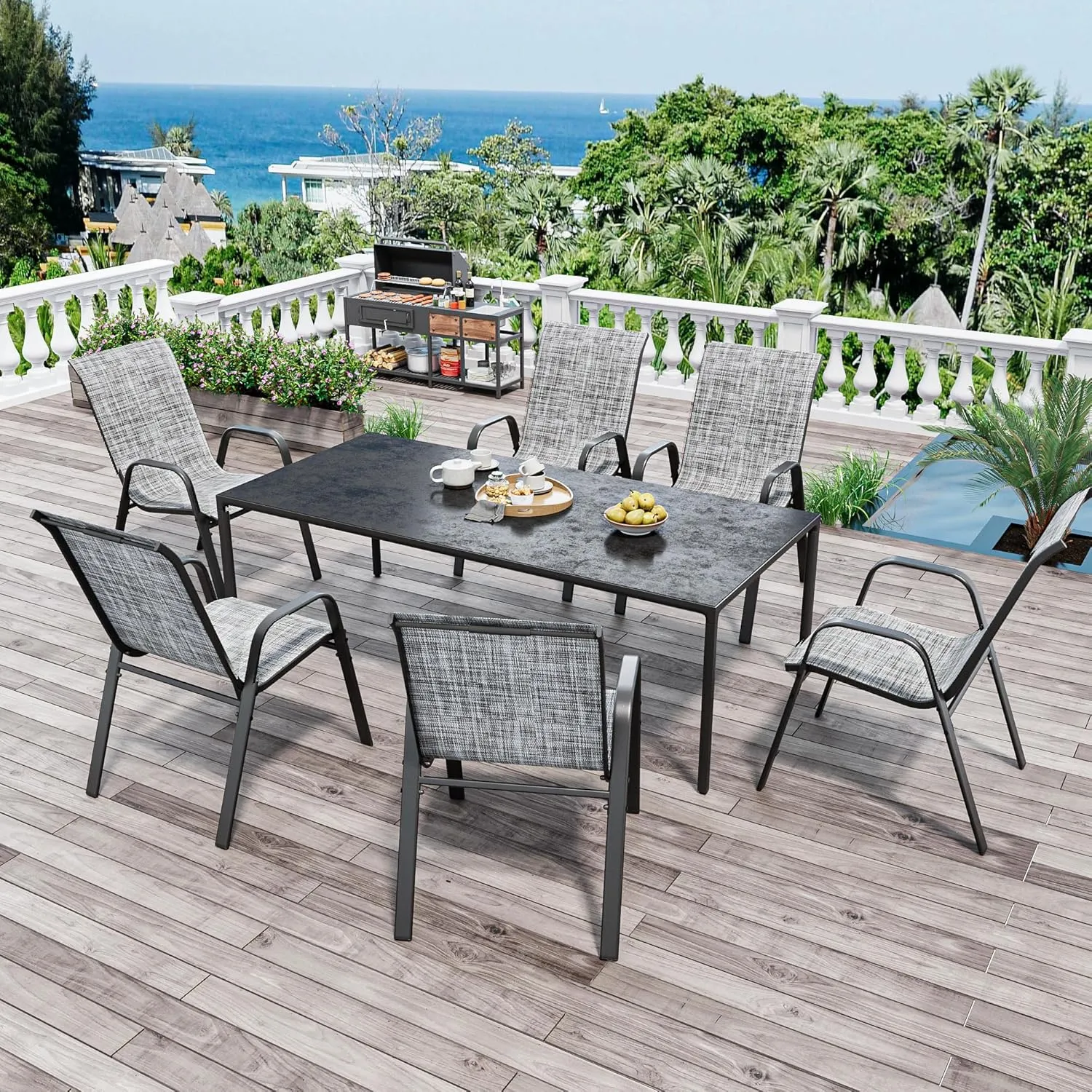 Patio Chairs, Stackable Outdoor Dining Chairs for All Weather Textilene Fabric & Metal Frame, Outdoor Chairs Set for Backyard Deck Garden (Grey, Set of 6)