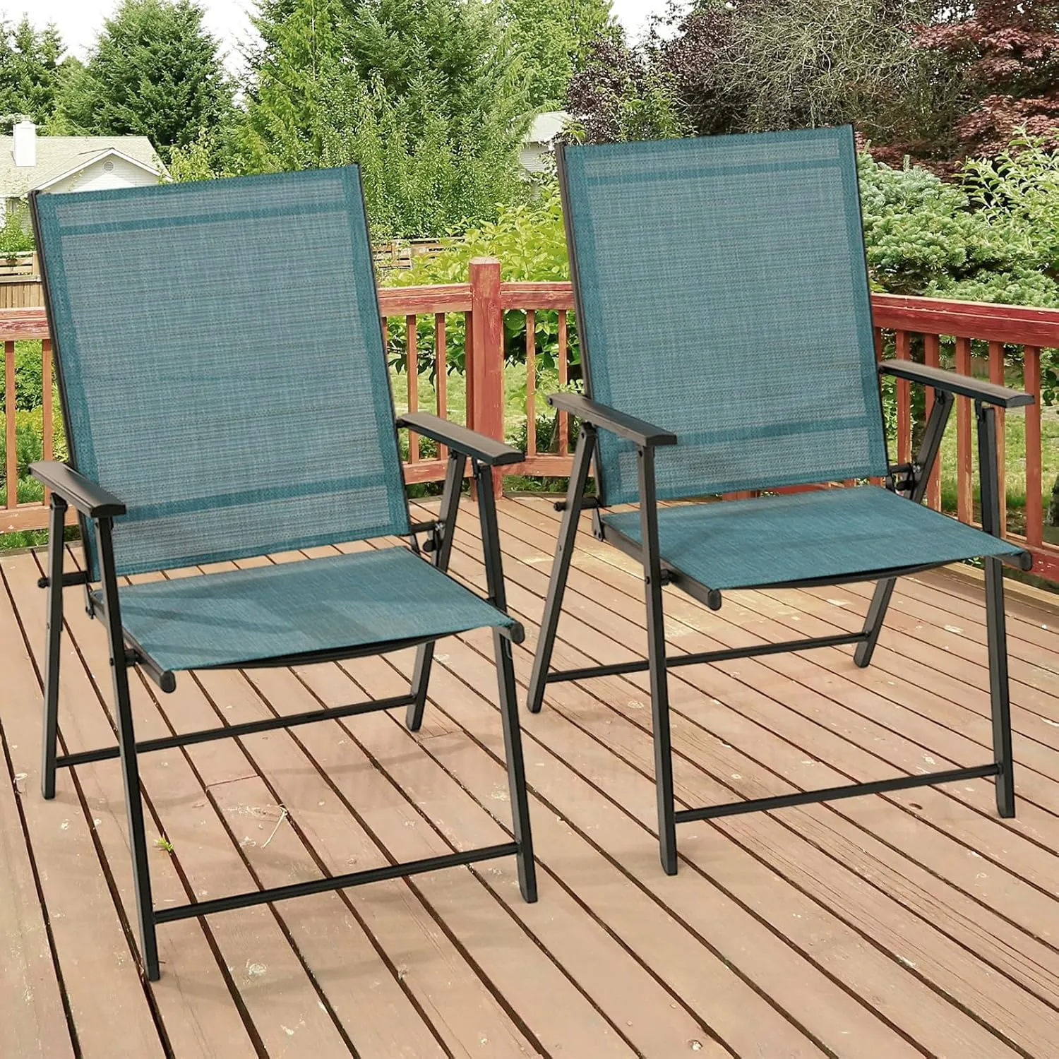 Patio Folding Chairs Set of 4, Outdoor Lawn Chairs with Rustproof Metal Frame, Portable Dining Chairs for Porch, Deck, Garden, Backyard, Camping（Light Blue）
