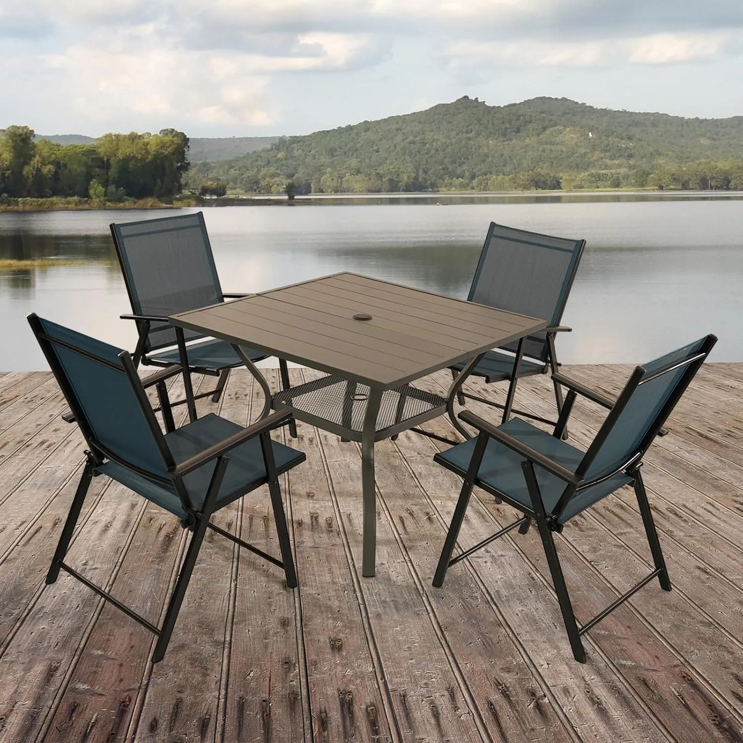 Patio Folding Chairs Set of 4, Outdoor Lawn Chairs with Rustproof Metal Frame, Portable Dining Chairs for Porch, Deck, Garden, Backyard, Camping（Light Blue）