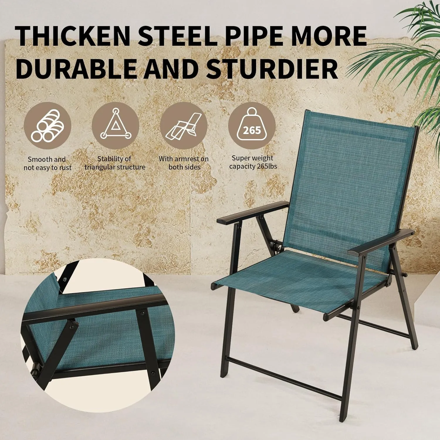 Patio Folding Chairs Set of 4, Outdoor Lawn Chairs with Rustproof Metal Frame, Portable Dining Chairs for Porch, Deck, Garden, Backyard, Camping（Light Blue）