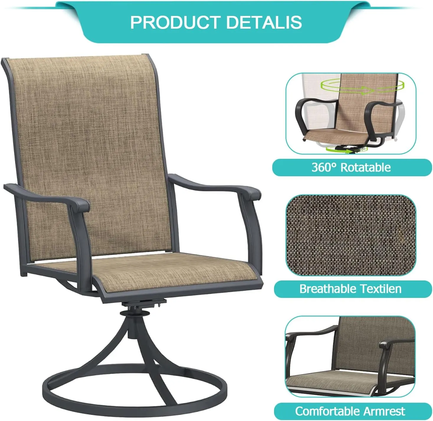 Patio Swivel Chairs Outdoor Swivel Rocker Dining Chairs with All Weather Textilene High Back Metal Frame for Backyard Deck Lawn Garden (Brown, Set of 4)