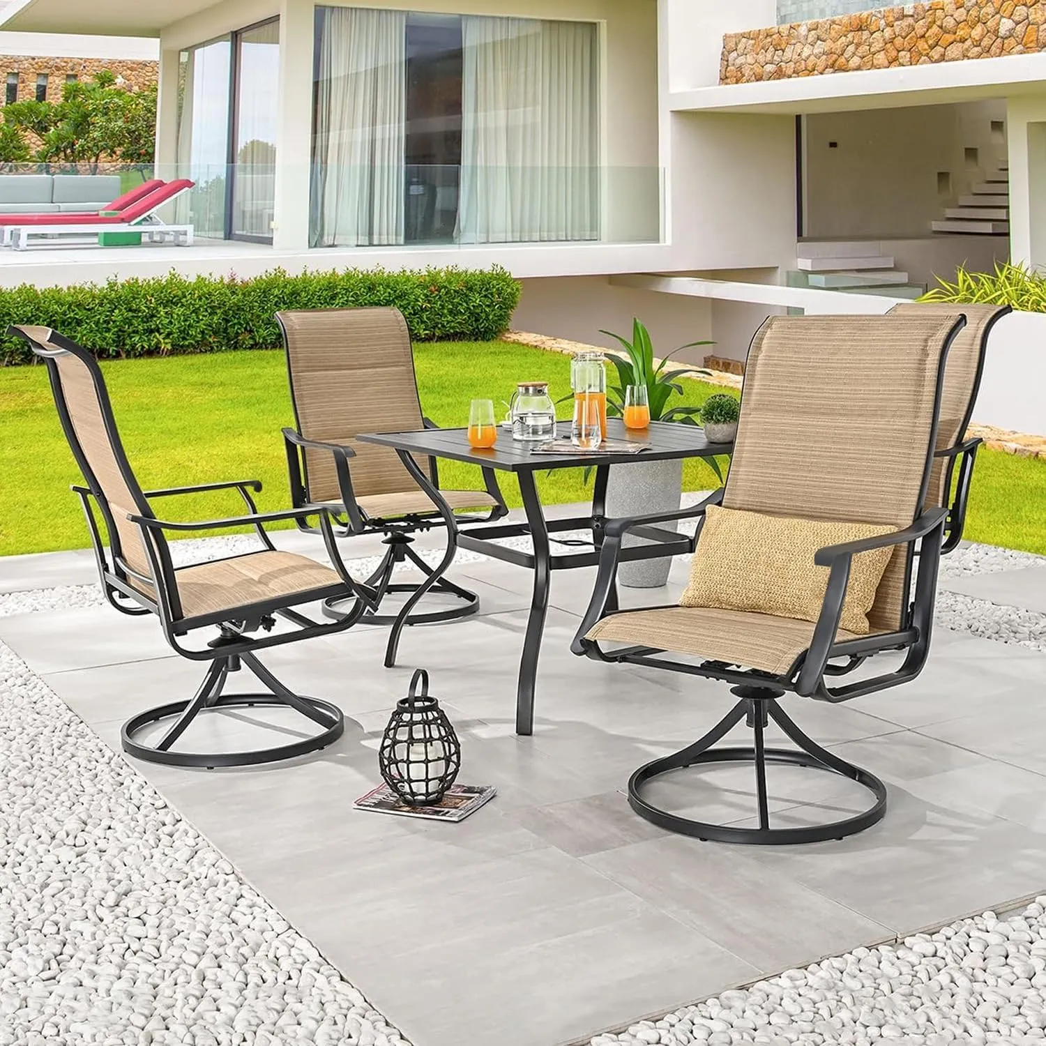 Patio Swivel Chairs Outdoor Swivel Rocker Dining Chairs with All Weather Textilene High Back Metal Frame for Backyard Deck Lawn Garden (Brown, Set of 4)