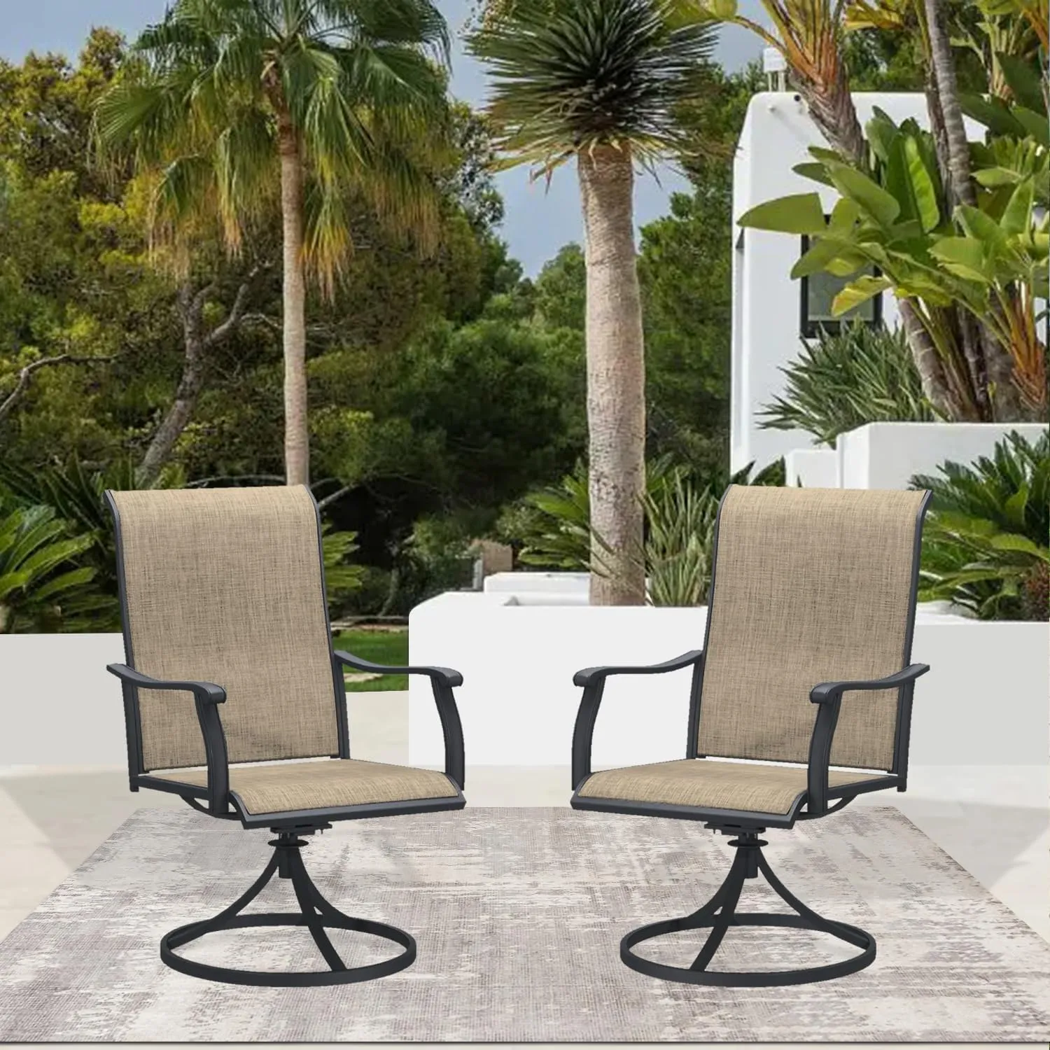 Patio Swivel Chairs Outdoor Swivel Rocker Dining Chairs with All Weather Textilene High Back Metal Frame for Backyard Deck Lawn Garden (Brown, Set of 4)