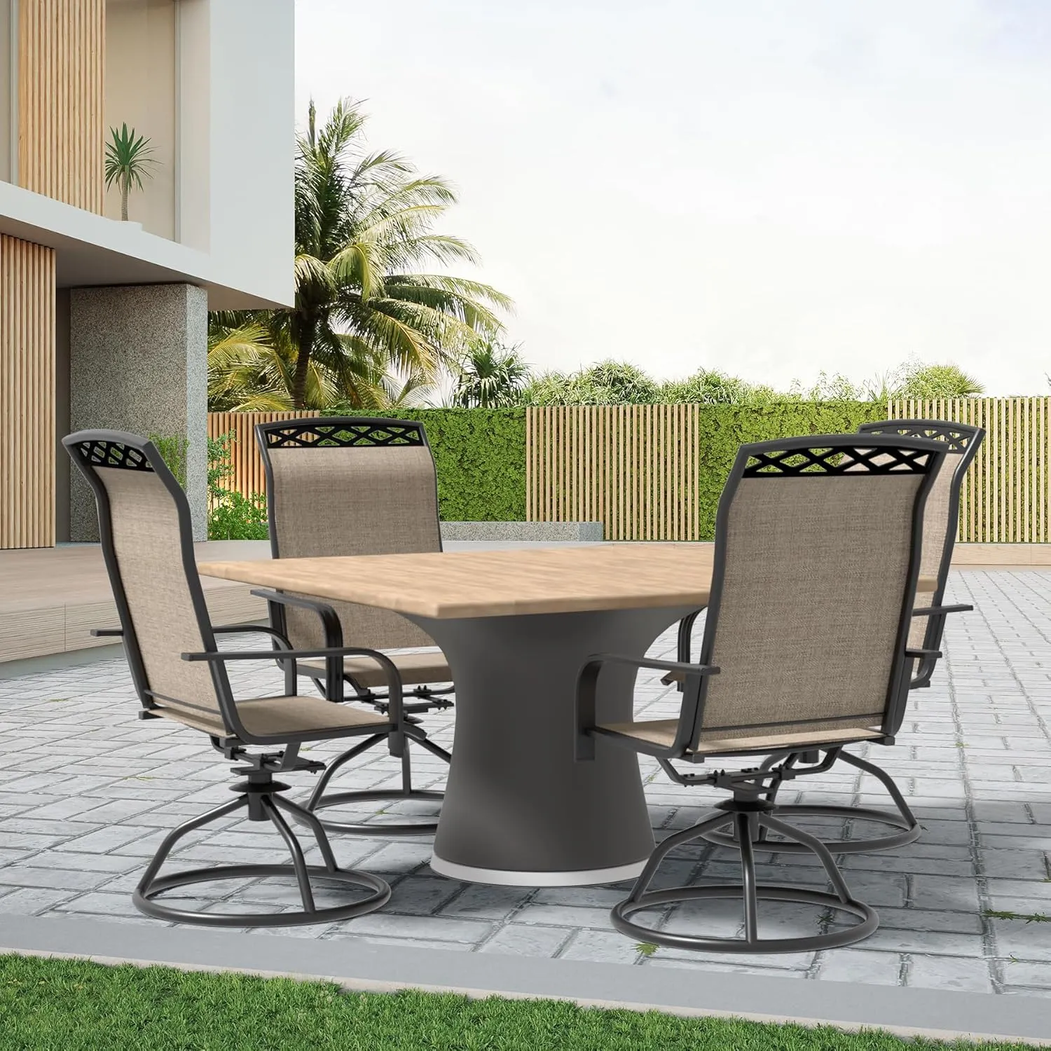 Patio Swivel Dining Chair with High Backrest - 360° Rotating & 15° Rocking, Textilene Fabric Outdoor Chair, Lightweight Waterproof And Breathable Pattern Design for Garden, Deck, Poolside(4, Brown)