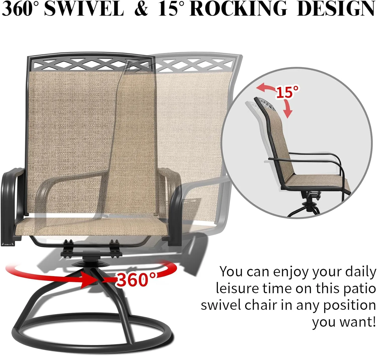 Patio Swivel Dining Chair with High Backrest - 360° Rotating & 15° Rocking, Textilene Fabric Outdoor Chair, Lightweight Waterproof And Breathable Pattern Design for Garden, Deck, Poolside(4, Brown)