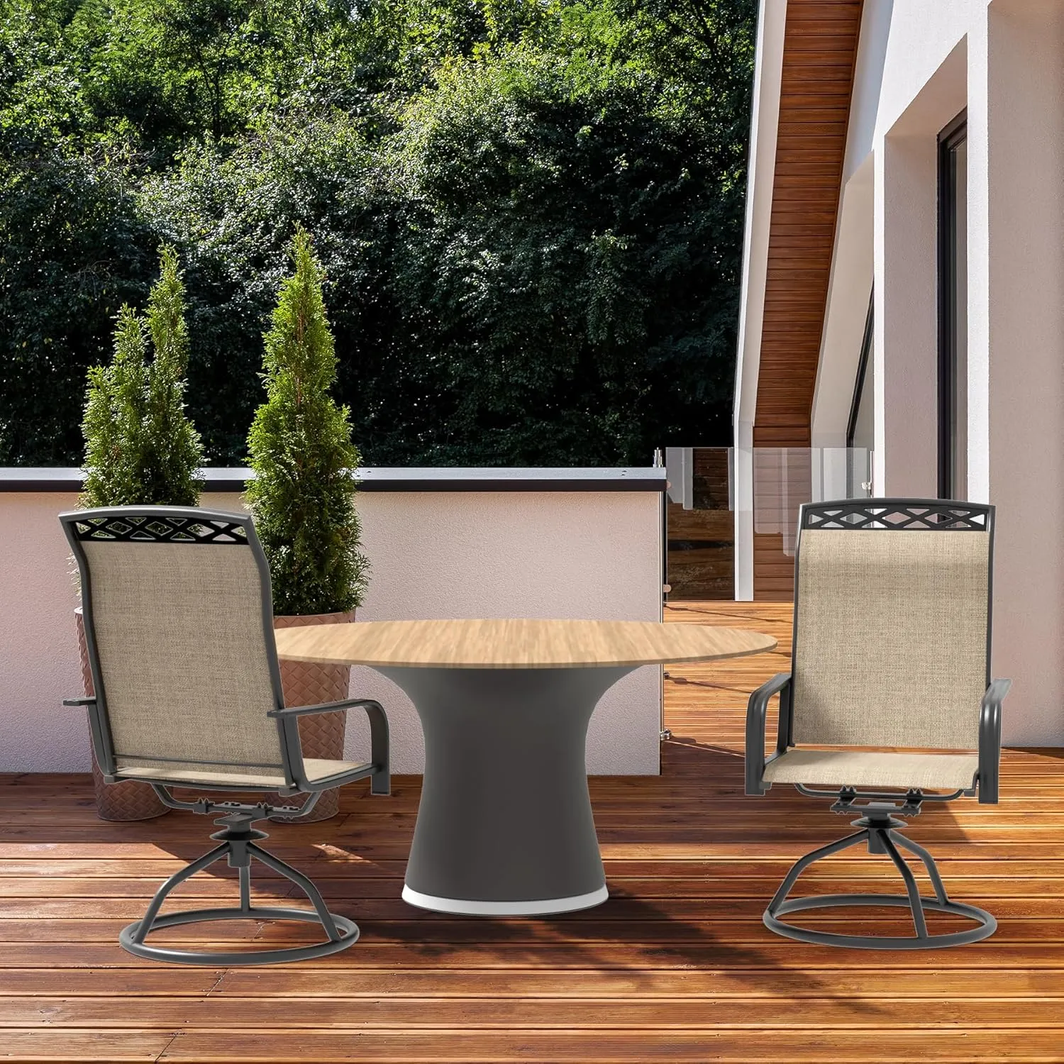 Patio Swivel Dining Chair with High Backrest - 360° Rotating & 15° Rocking, Textilene Fabric Outdoor Chair, Lightweight Waterproof And Breathable Pattern Design for Garden, Deck, Poolside(4, Brown)