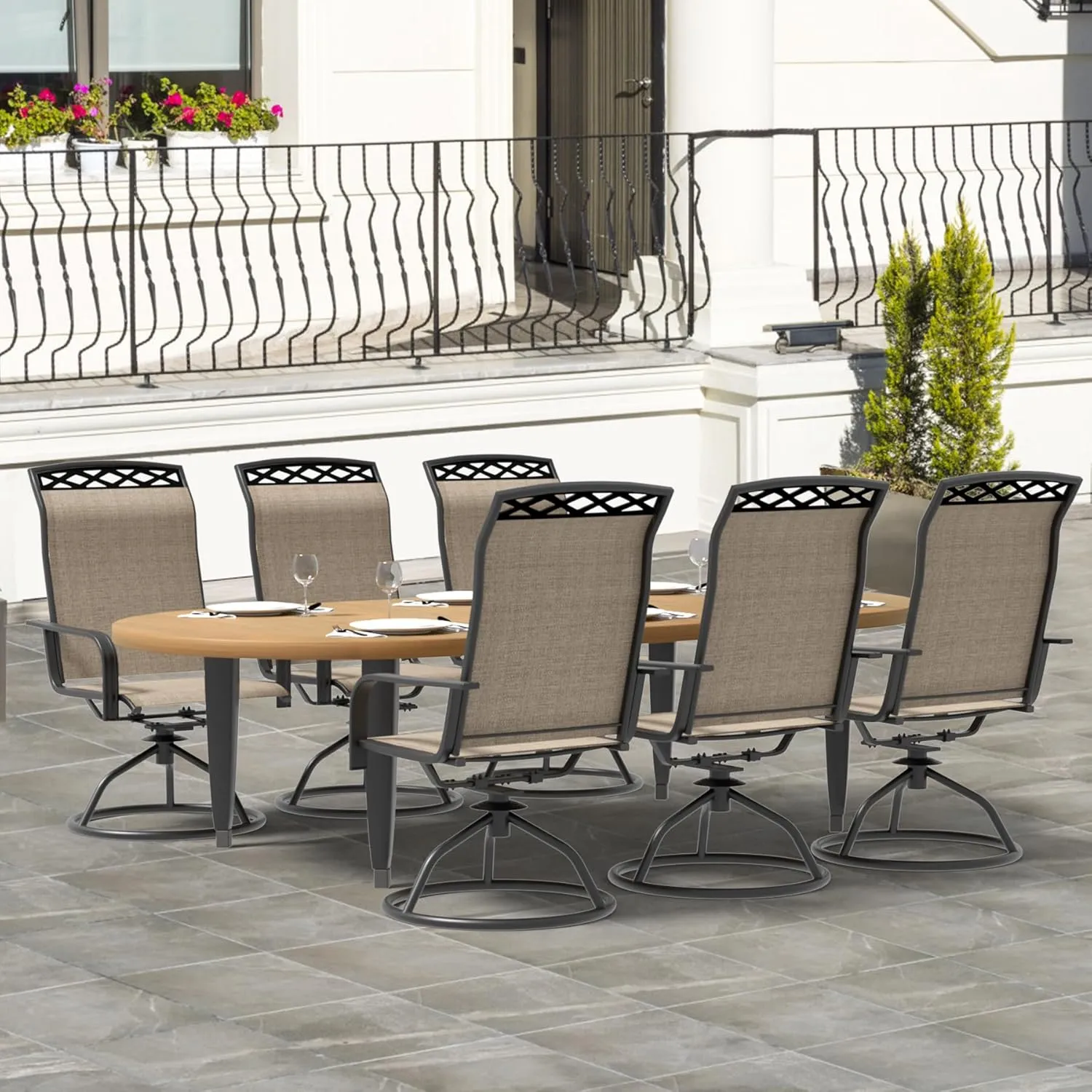 Patio Swivel Dining Chair with High Backrest - 360° Rotating & 15° Rocking, Textilene Fabric Outdoor Chair, Lightweight Waterproof And Breathable Pattern Design for Garden, Deck, Poolside(4, Brown)