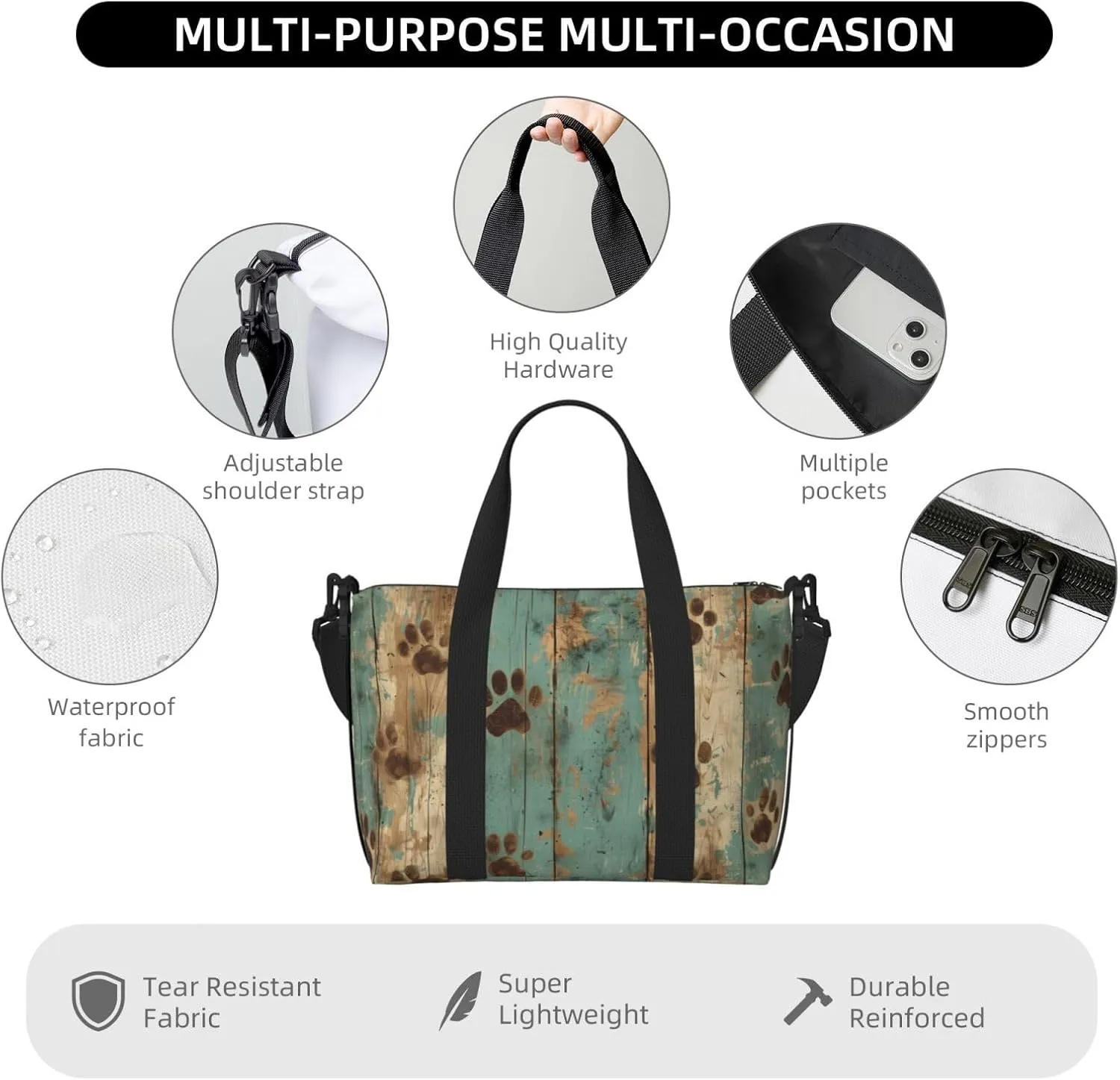 paw prints on wood print Travel Duffel Bag, Sports Tote Gym Bag, Swim Pool Bag Large Shoulder Tote Bag for Beach Weekender, 202-406-121