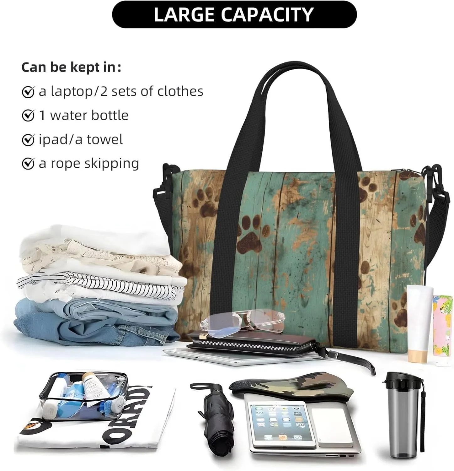 paw prints on wood print Travel Duffel Bag, Sports Tote Gym Bag, Swim Pool Bag Large Shoulder Tote Bag for Beach Weekender, 202-406-121