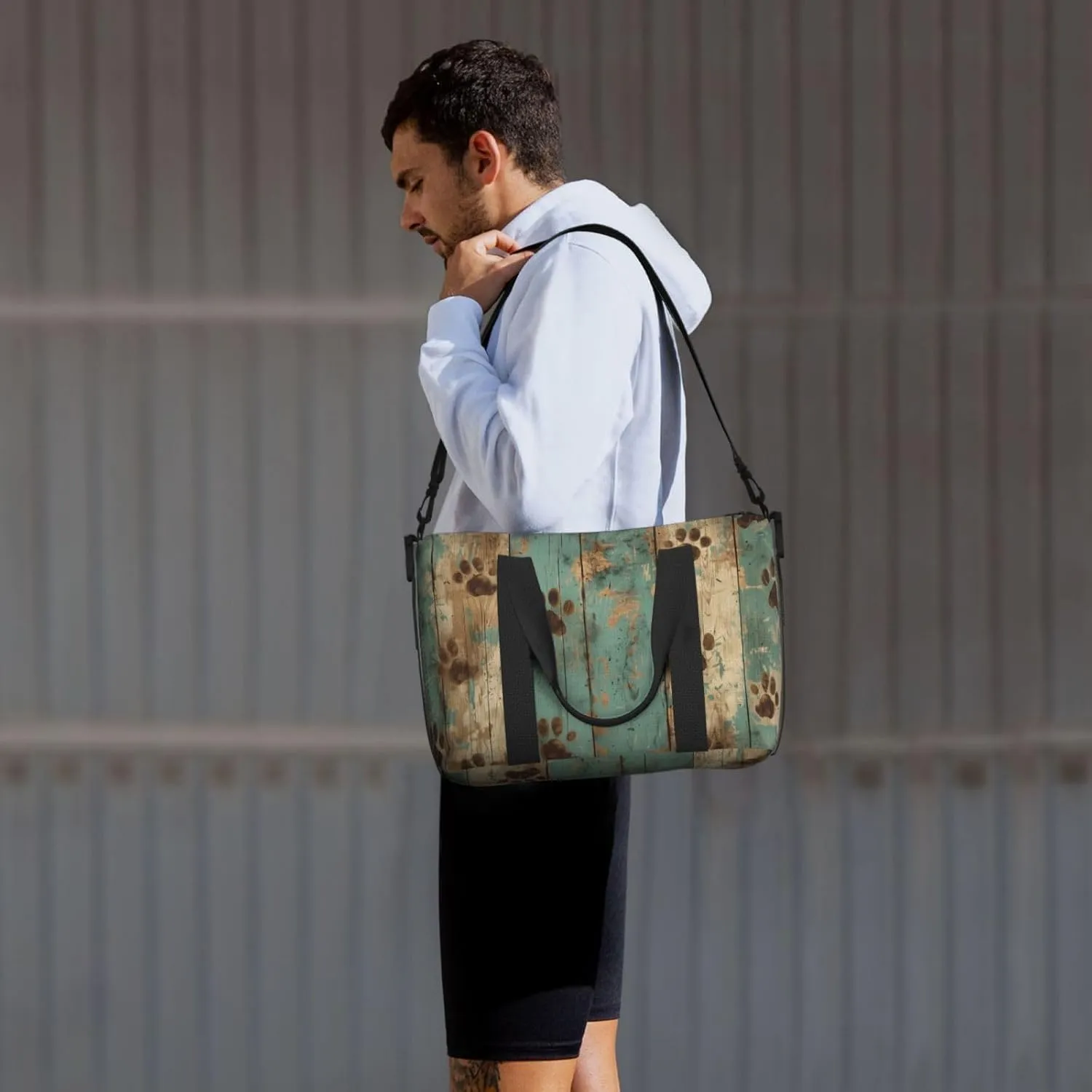 paw prints on wood print Travel Duffel Bag, Sports Tote Gym Bag, Swim Pool Bag Large Shoulder Tote Bag for Beach Weekender, 202-406-121