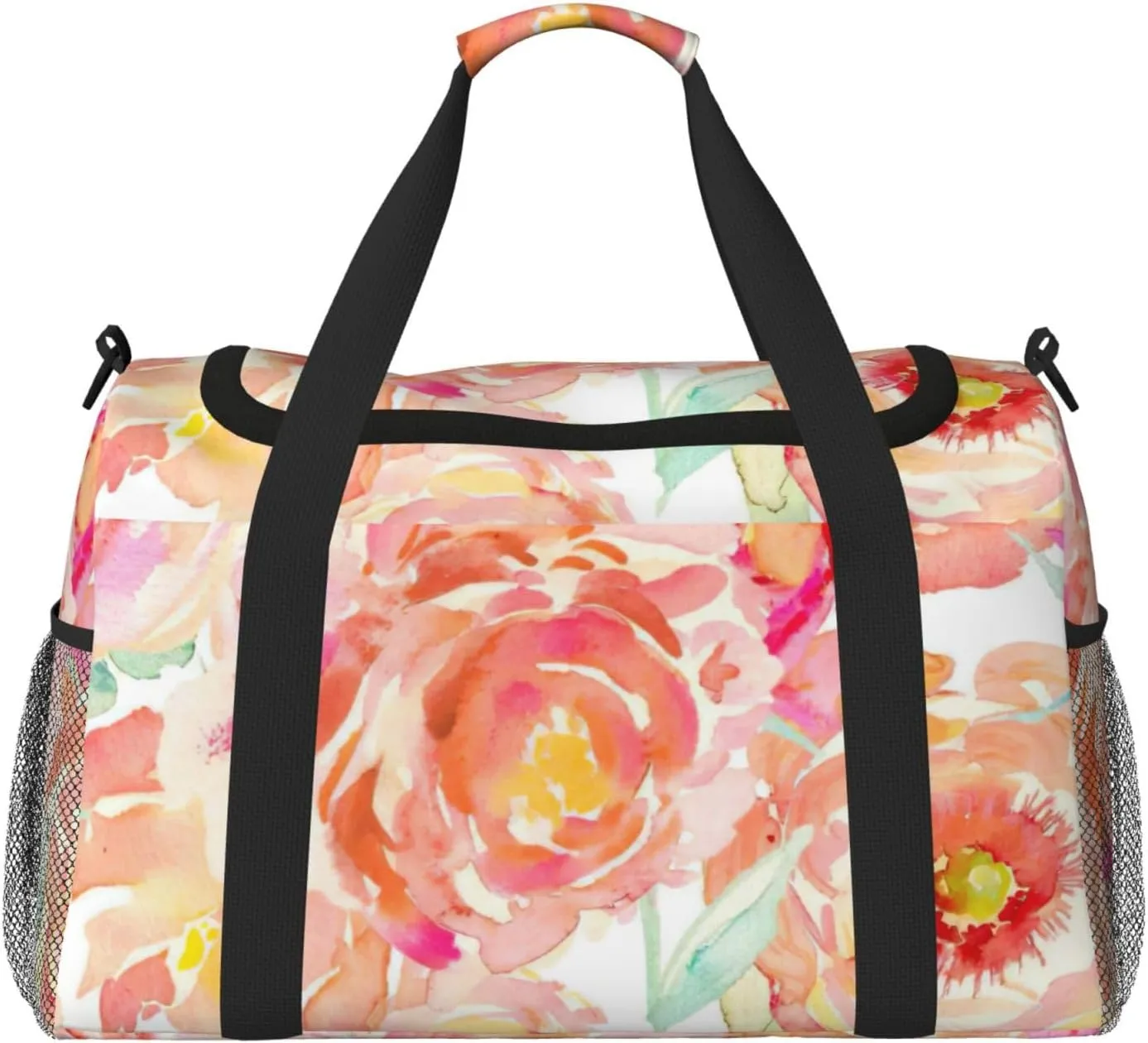 Peach Peony Print Travel Duffle Bag Large Capacity Tote Stylish Weekender Bag for Outdoor Activities
