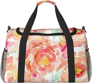 Peach Peony Print Travel Duffle Bag Large Capacity Tote Stylish Weekender Bag for Outdoor Activities