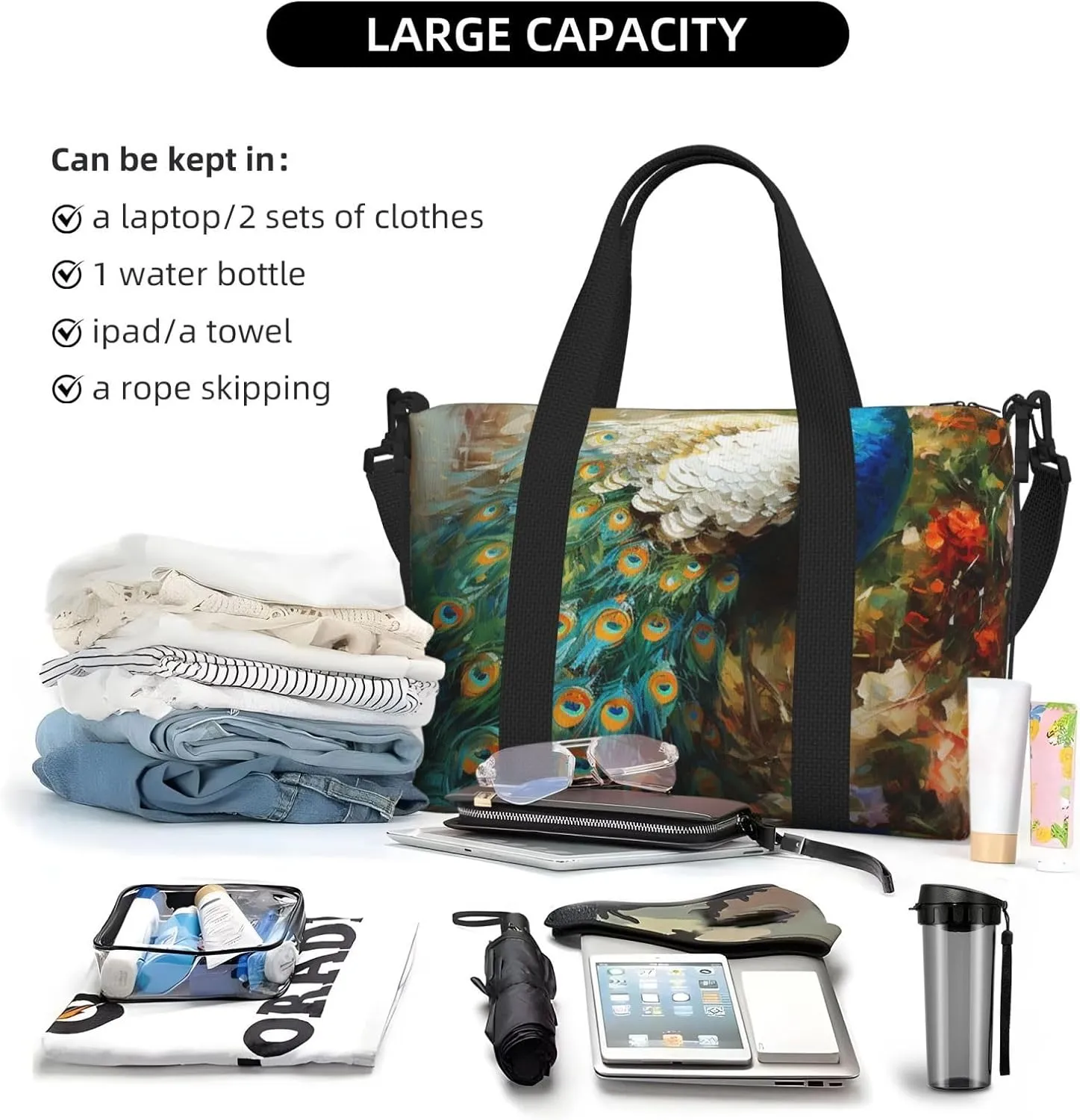 Peacock print Travel Duffel Bag, Sports Tote Gym Bag, Swim Pool Bag Large Shoulder Tote Bag for Beach Weekender