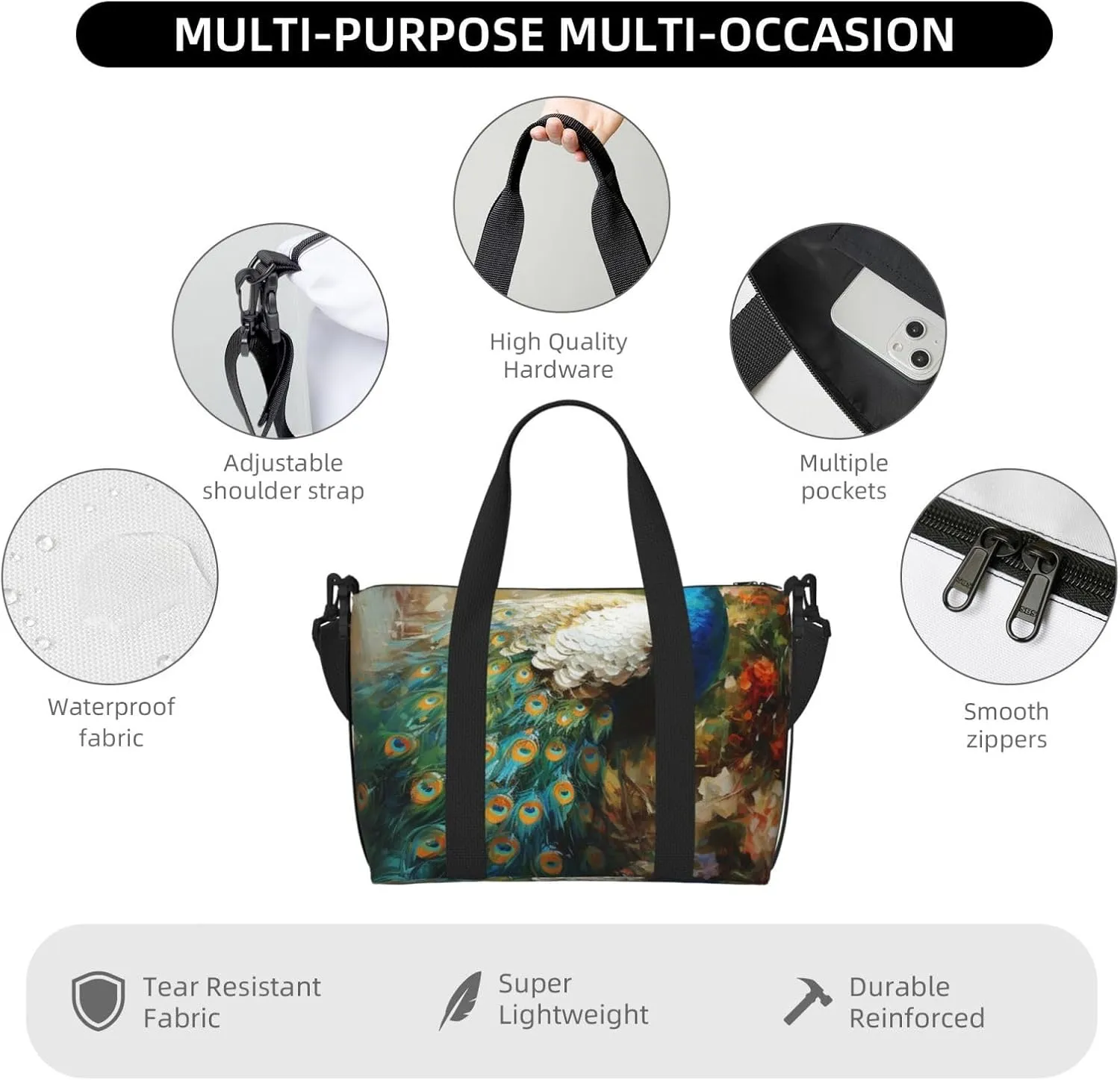 Peacock print Travel Duffel Bag, Sports Tote Gym Bag, Swim Pool Bag Large Shoulder Tote Bag for Beach Weekender