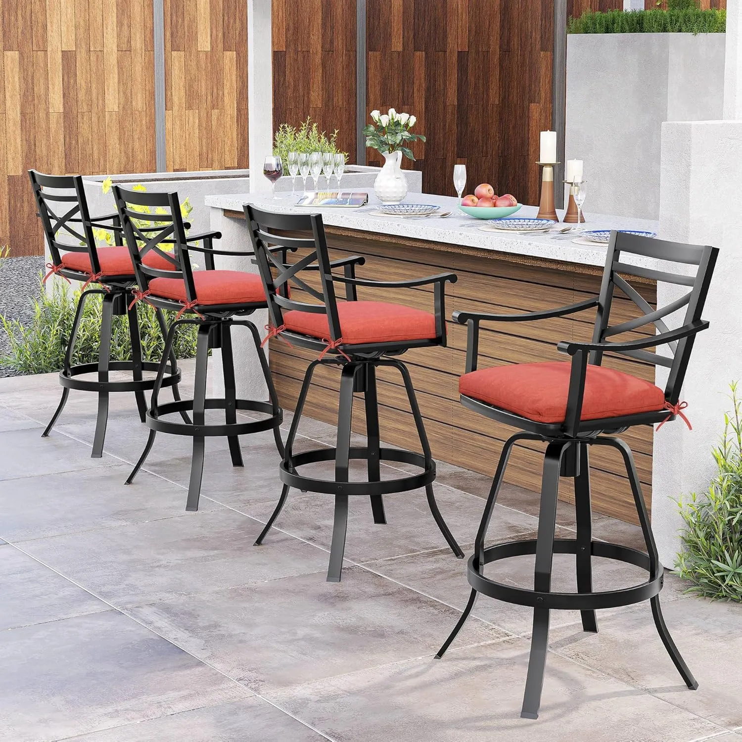 Pellebant 30 Inch Sunbrella Outdoor Bar Stools Set of 8, Aluminum Swivel Patio Bar Height Bar Stools with Back & Footrest, for Deck Lawn Garden(Red)
