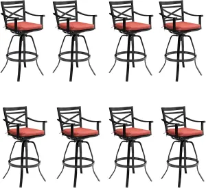 Pellebant 30 Inch Sunbrella Outdoor Bar Stools Set of 8, Aluminum Swivel Patio Bar Height Bar Stools with Back & Footrest, for Deck Lawn Garden(Red)