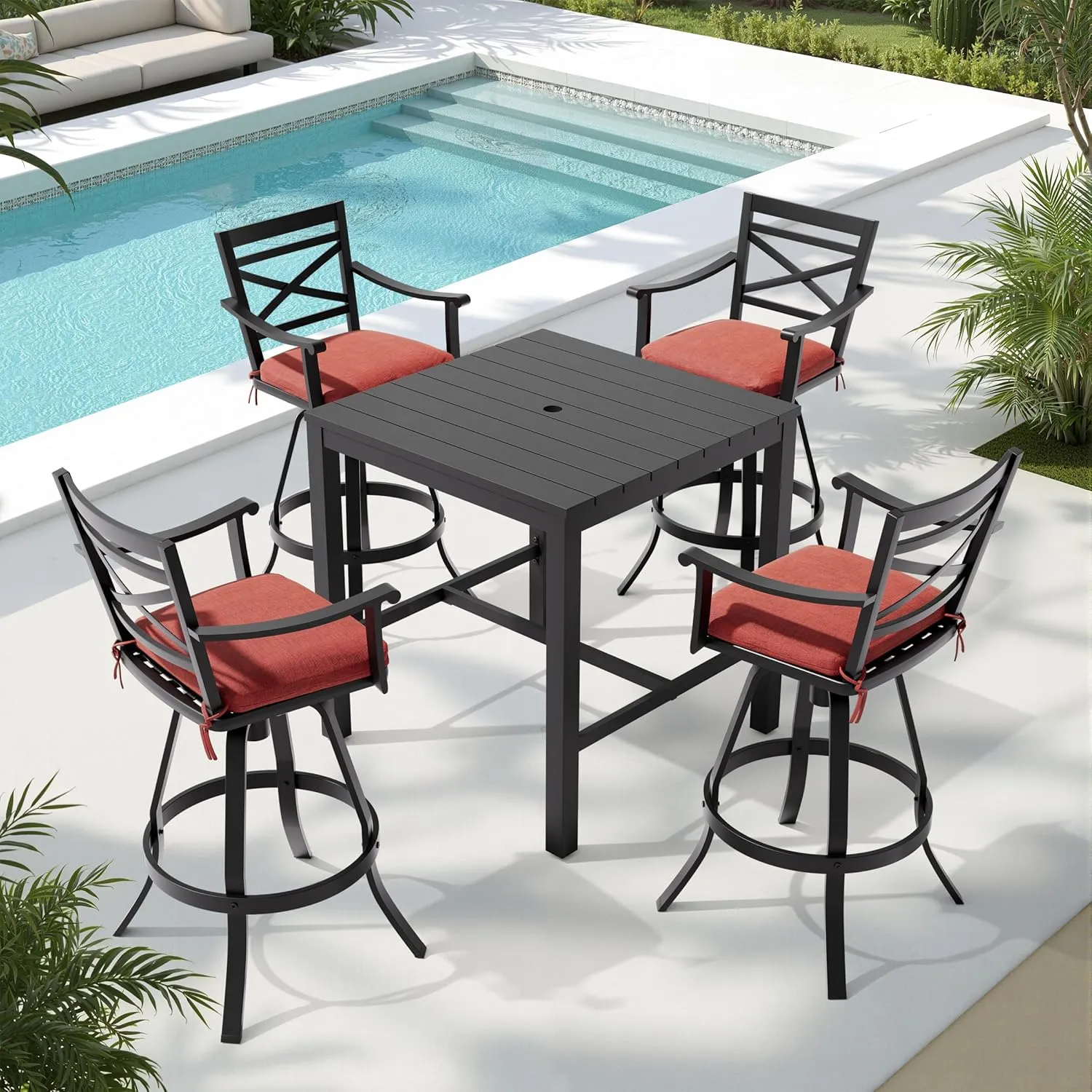 Pellebant 30 Inch Sunbrella Outdoor Bar Stools Set of 8, Aluminum Swivel Patio Bar Height Bar Stools with Back & Footrest, for Deck Lawn Garden(Red)