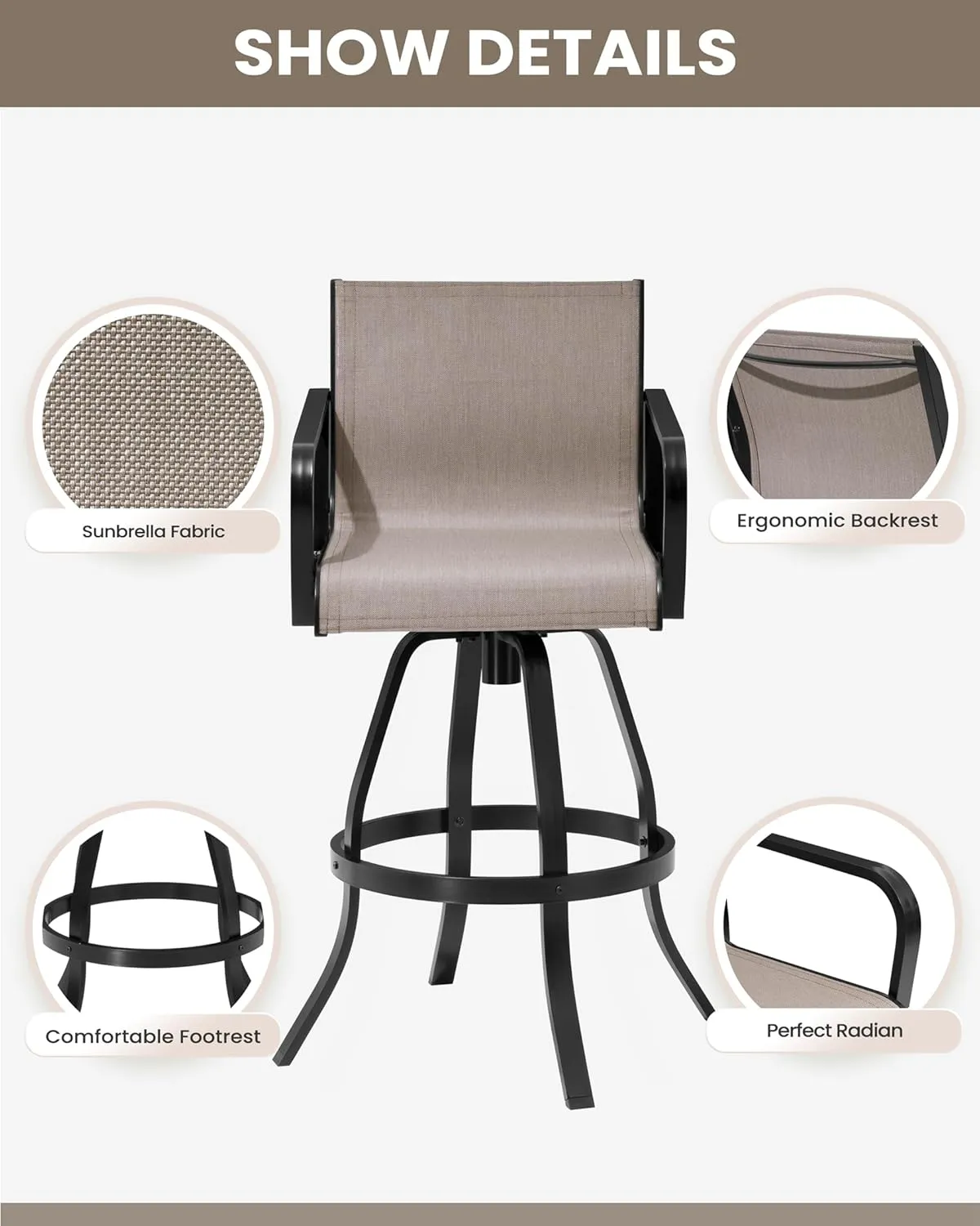 Pellebant 4 Pcs Swivel Outdoor Bar Stools, 30" High Bar Chairs with Sunbrella Fabric & Aluminum Frame, All Weather Furniture for Patio, Pool, Garden, Backyard, Augustine Ashe