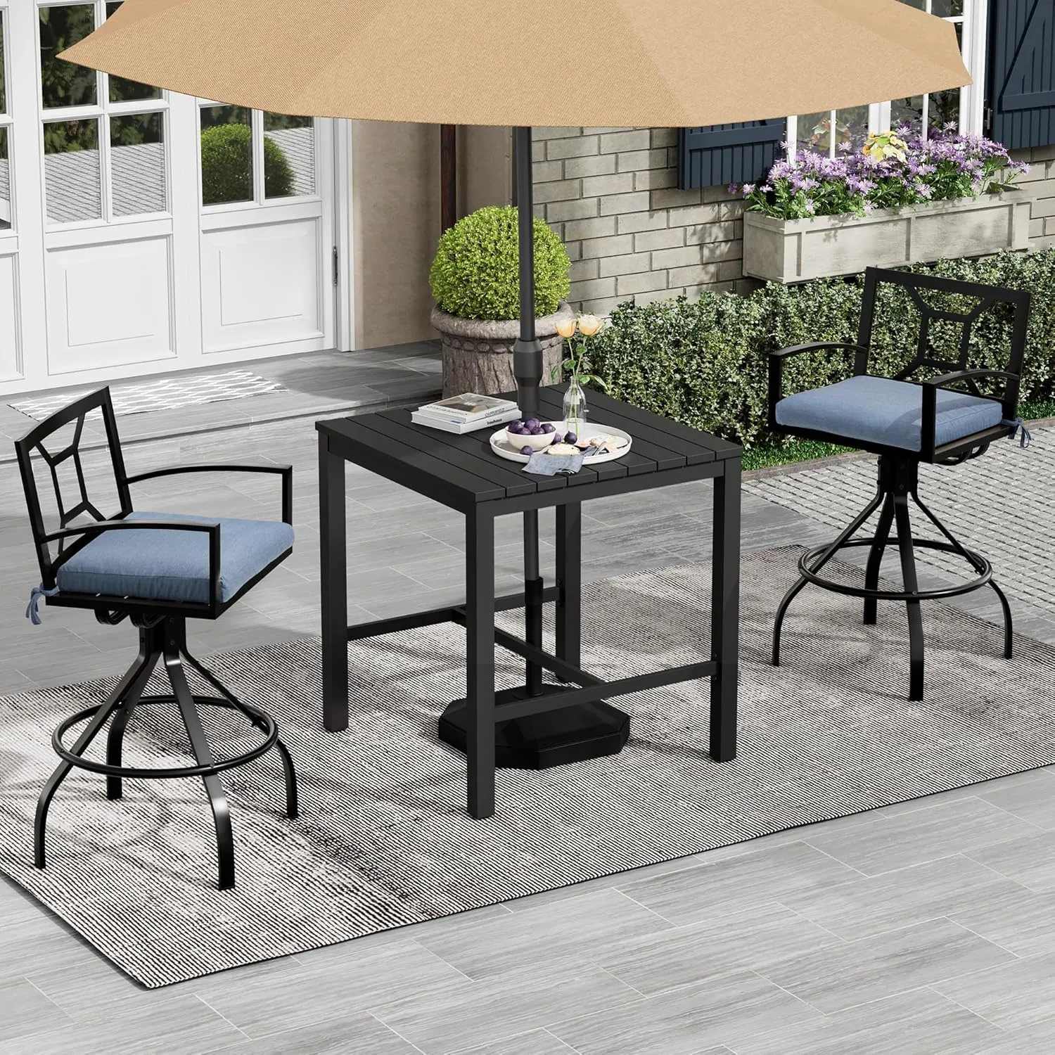 Pellebant Outdoor Swivel Bar Stools with Cushion, Aluminum Bar Height Bar Stools Set, All-Weather Patio Stool & Chairs for Patio, Lawn, Spectrum Denim, 2PC