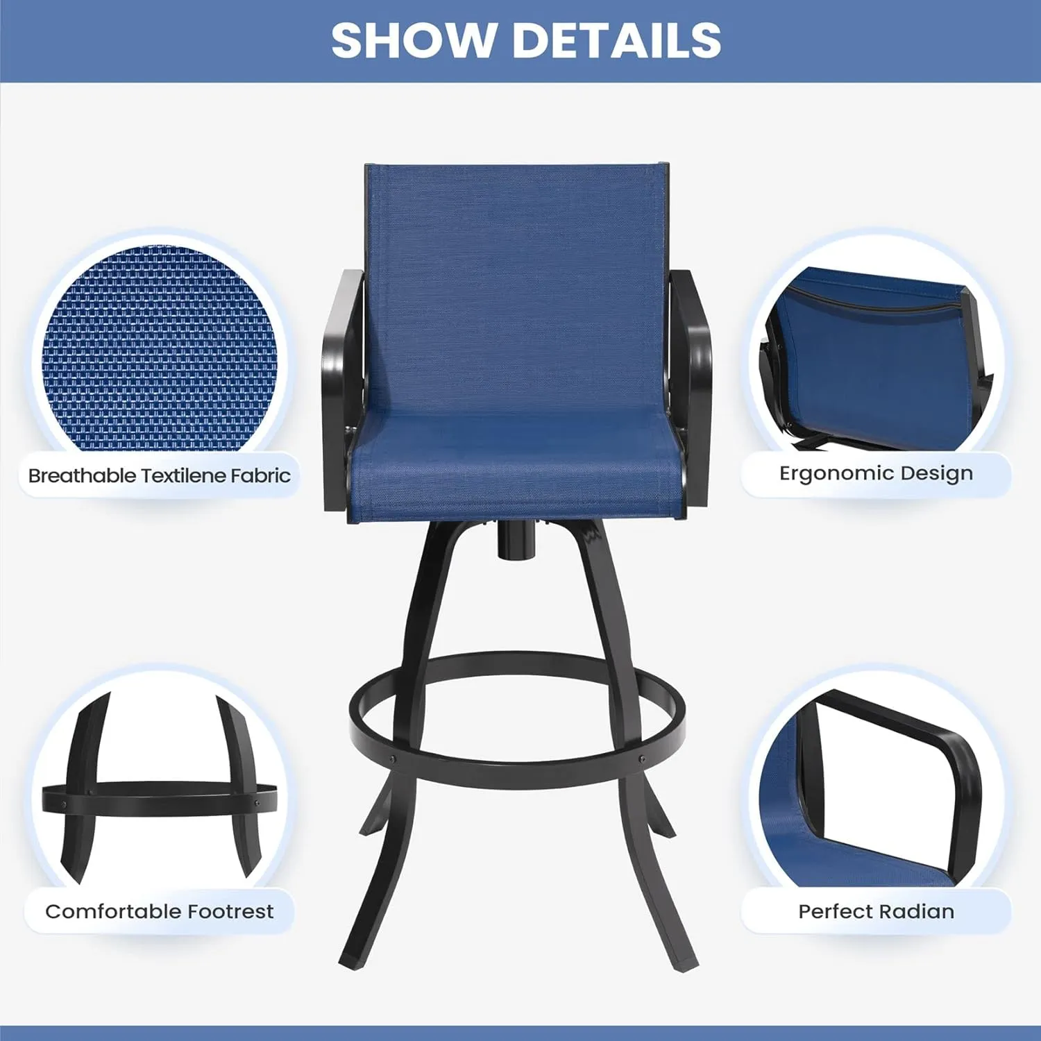 Pellebant Swivel Outdoor Bar Stools Set of 4, 30" Aluminum Bar Height Chairs with Textilene Fabric, All Weather Furniture for Patio, Pool, Garden, Backyard, Navy Blue