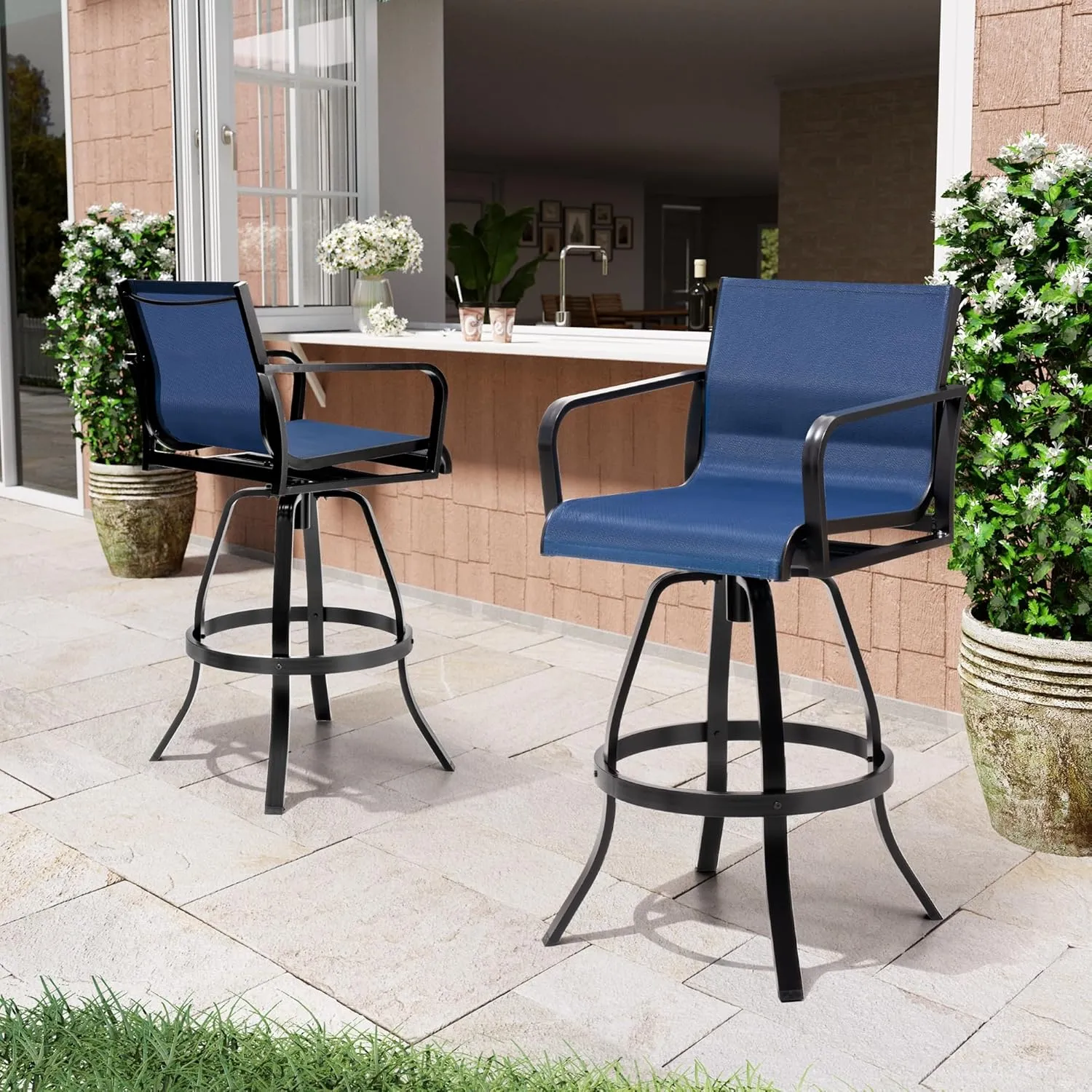 Pellebant Swivel Outdoor Bar Stools Set of 4, 30" Aluminum Bar Height Chairs with Textilene Fabric, All Weather Furniture for Patio, Pool, Garden, Backyard, Navy Blue