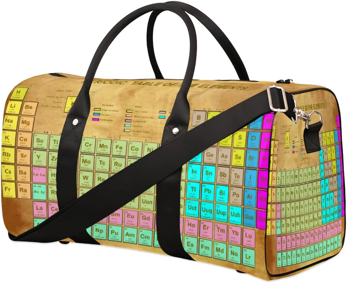 Periodic Table Of Elements Chemistry Travel Duffel Bag, Foldable Sport Gym Tote Bag, Waterproof Weekender Overnight Bag with Shoulder Strap, Carry On Luggage Handbag for Men and Women
