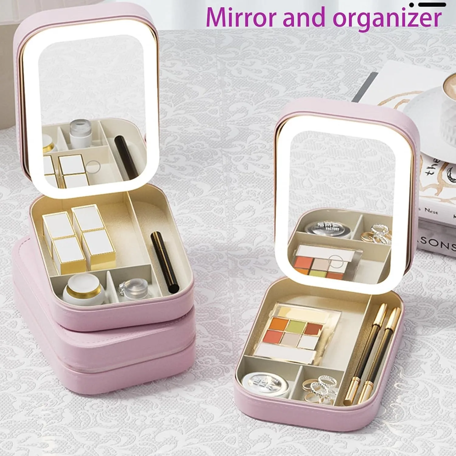 Periodicali Makeup Mirror, Periodicali Travel Makeup Mirror, Makeup Mirror with Light, Travel Makeup Mirror with Storage(Pink)