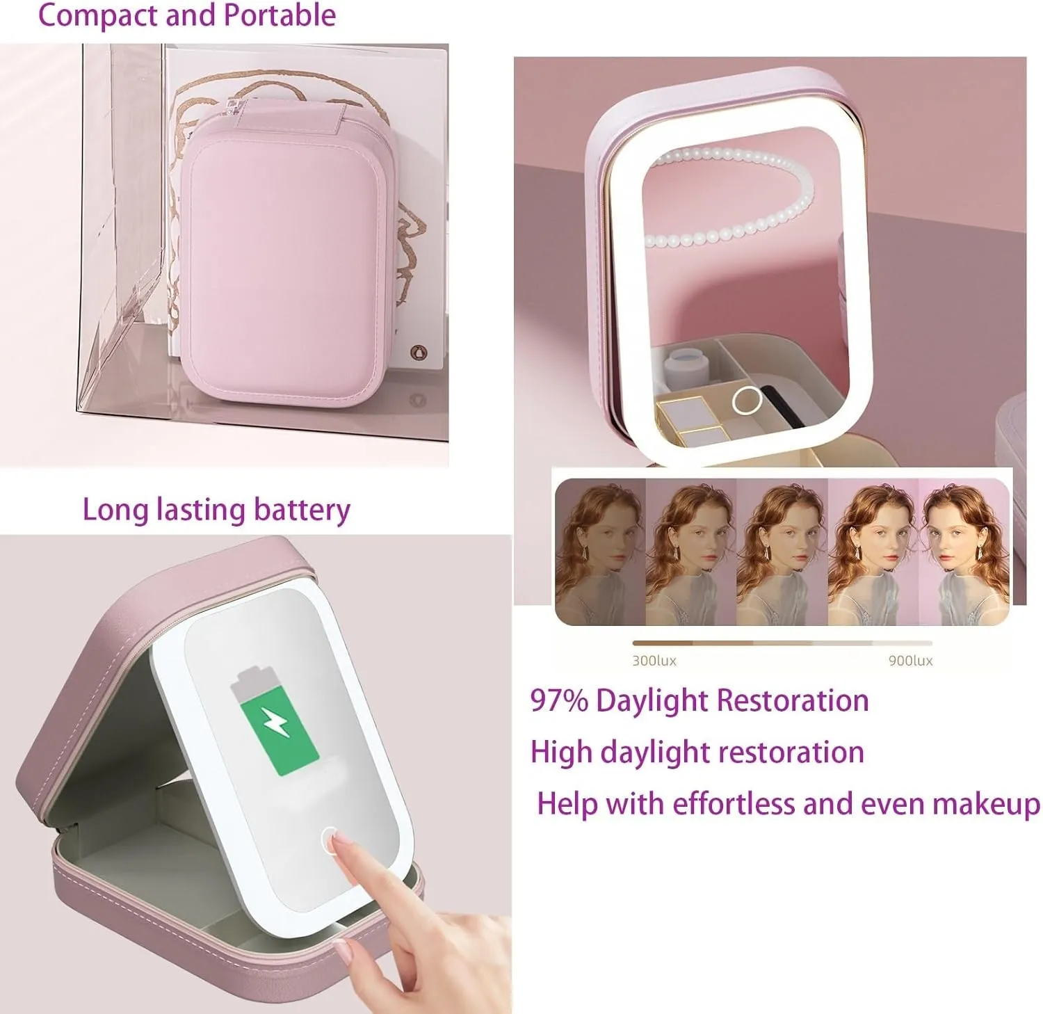 Periodicali Makeup Mirror, Periodicali Travel Makeup Mirror, Makeup Mirror with Light, Travel Makeup Mirror with Storage(Pink)