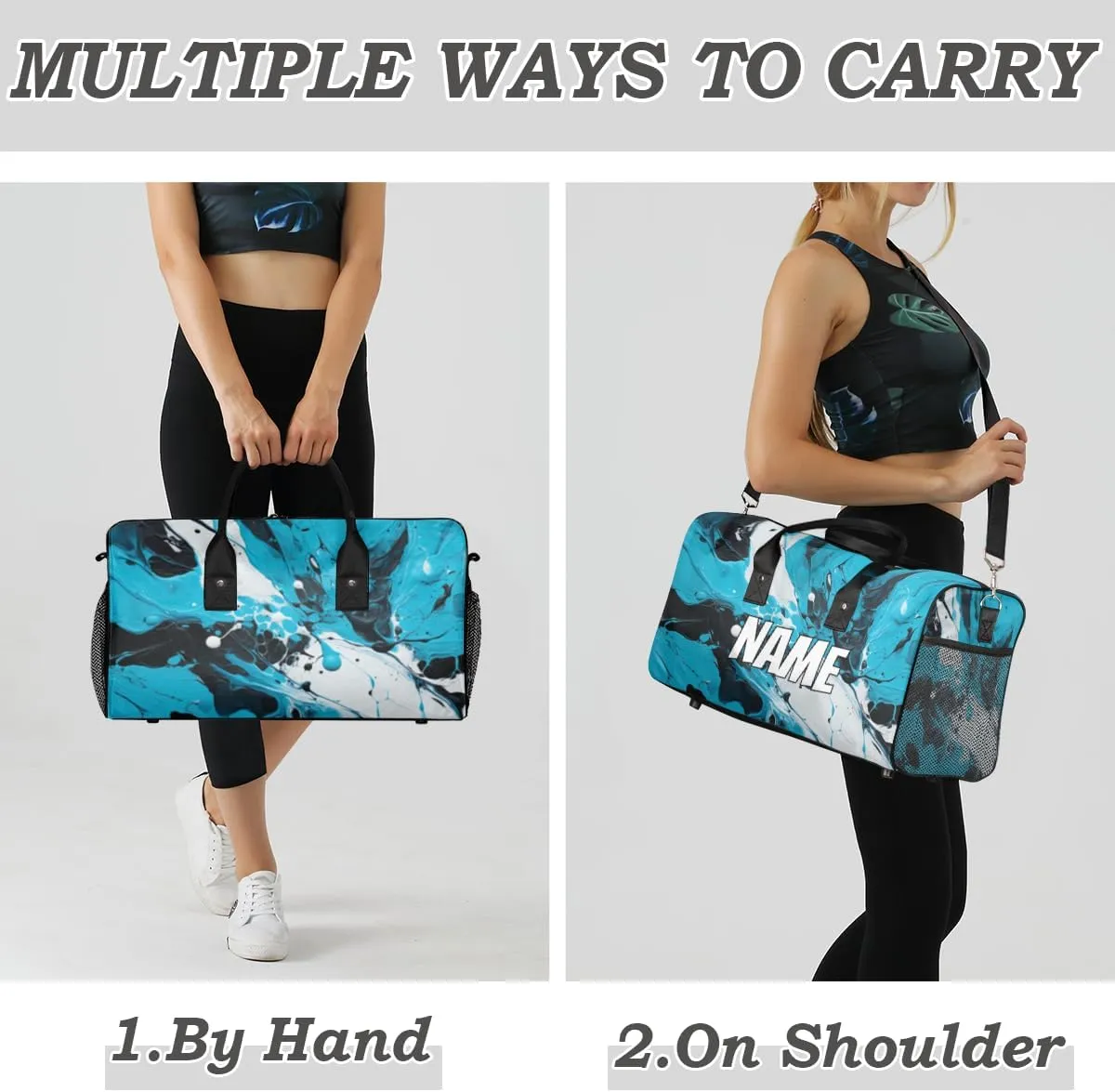 Personalized Abstract Watercolor Travel Duffel Bag with Name, Custom Gym Sport Bag Blue Black Carry On Weekend Overnight Duffel Bag for Men Women