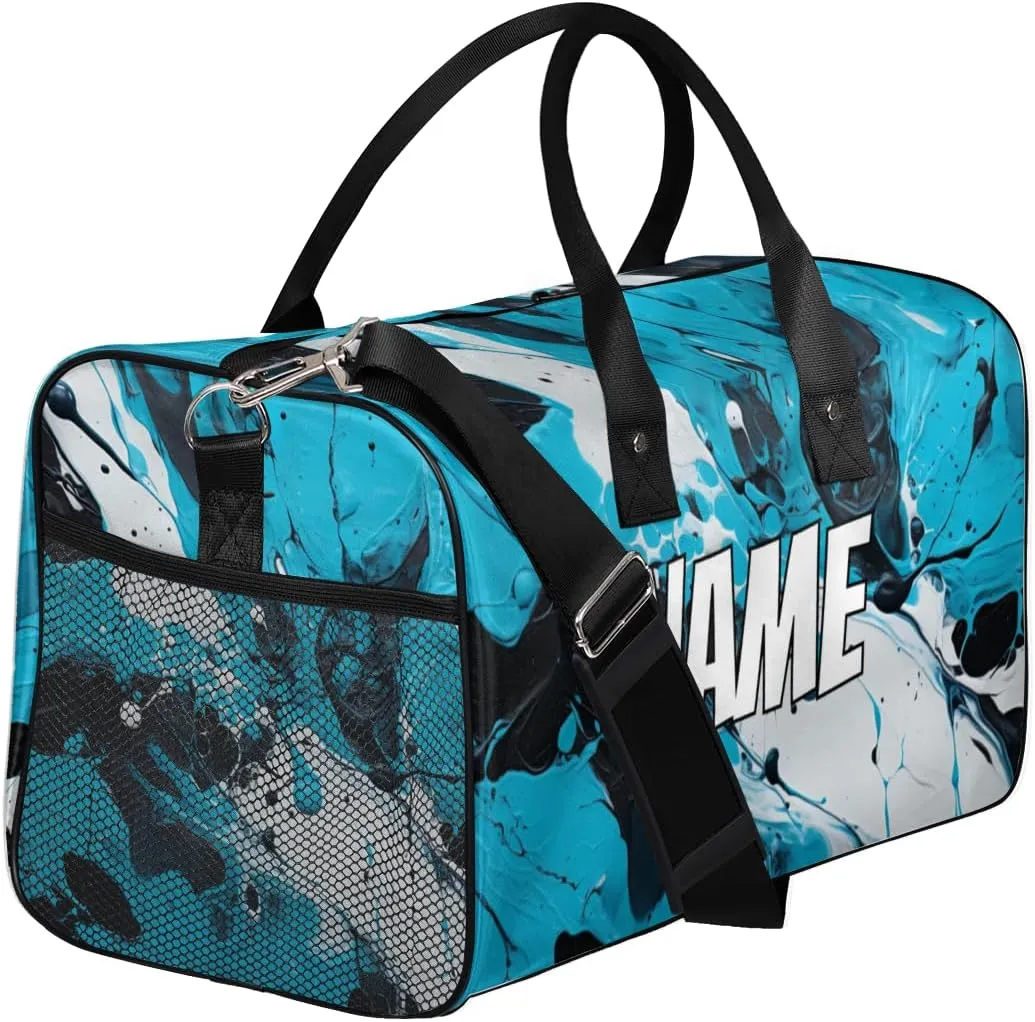 Personalized Abstract Watercolor Travel Duffel Bag with Name, Custom Gym Sport Bag Blue Black Carry On Weekend Overnight Duffel Bag for Men Women