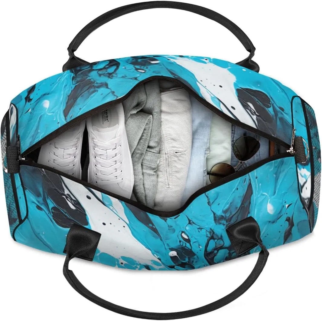 Personalized Abstract Watercolor Travel Duffel Bag with Name, Custom Gym Sport Bag Blue Black Carry On Weekend Overnight Duffel Bag for Men Women