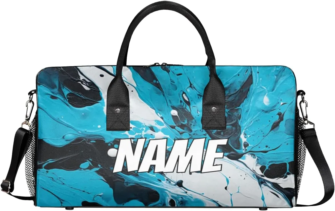 Personalized Abstract Watercolor Travel Duffel Bag with Name, Custom Gym Sport Bag Blue Black Carry On Weekend Overnight Duffel Bag for Men Women