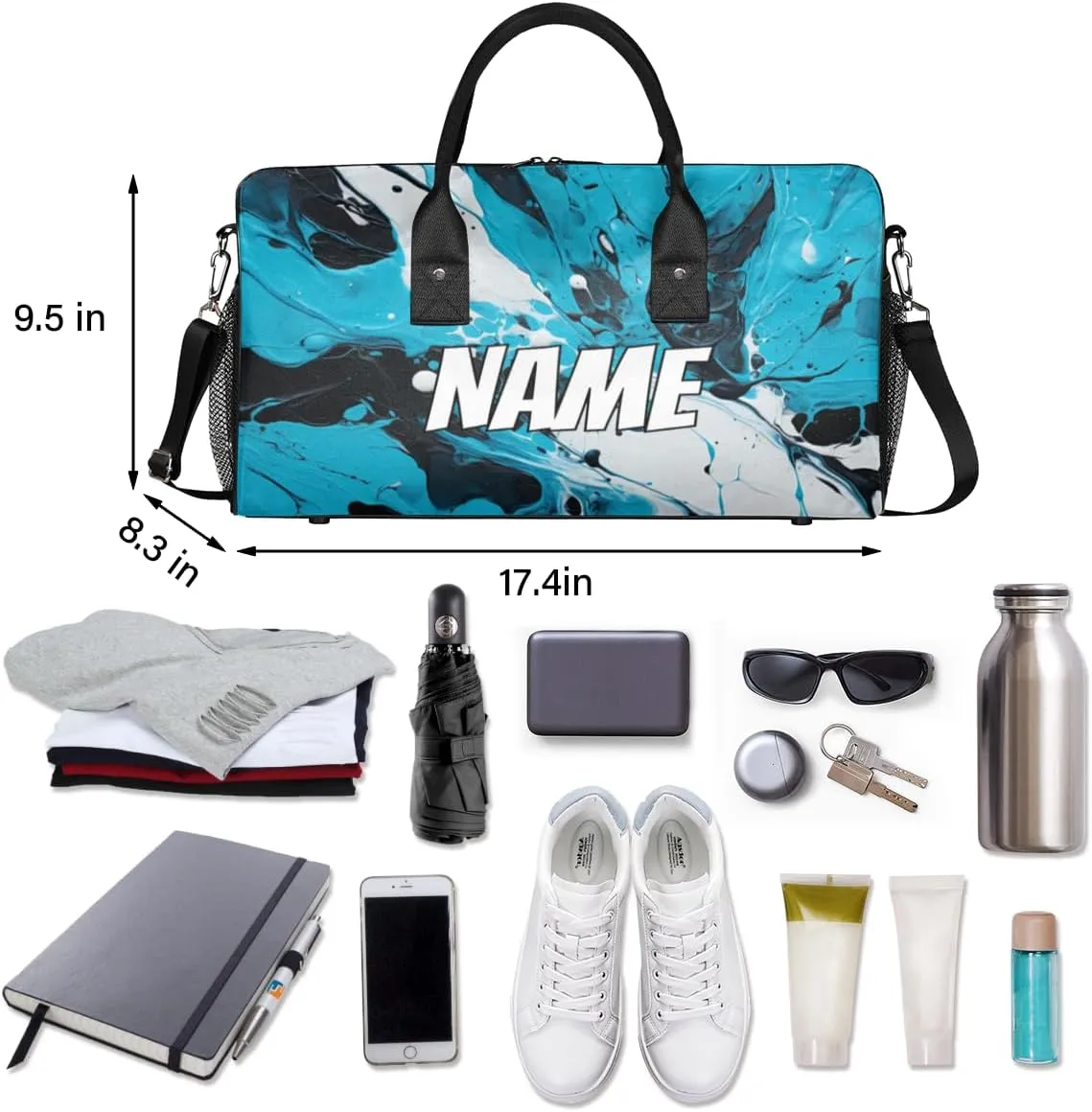 Personalized Abstract Watercolor Travel Duffel Bag with Name, Custom Gym Sport Bag Blue Black Carry On Weekend Overnight Duffel Bag for Men Women