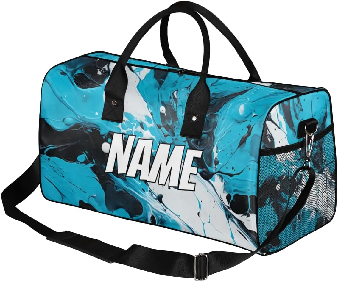 Personalized Abstract Watercolor Travel Duffel Bag with Name, Custom Gym Sport Bag Blue Black Carry On Weekend Overnight Duffel Bag for Men Women