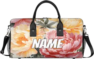Personalized Blossom Peony Travel Duffel Bag with Name, Custom Gym Sport Bag Vintage Watercolor Carry On Weekend Overnight Duffel Bag for Men Women