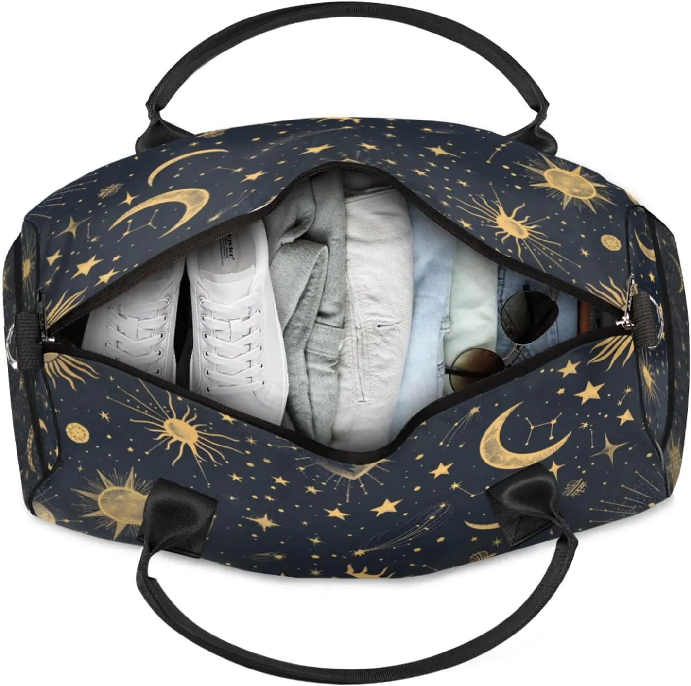 Personalized Boho Sun Moon Travel Duffel Bag with Name, Custom Gym Sport Bag Modern Stars Gothic Carry On Weekend Overnight Duffel Bag for Men Women