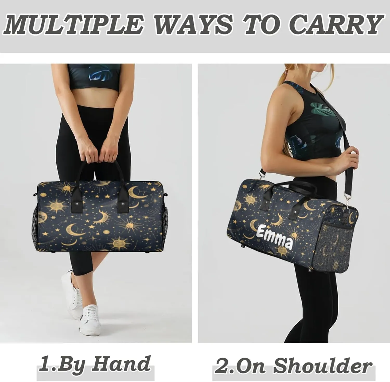 Personalized Boho Sun Moon Travel Duffel Bag with Name, Custom Gym Sport Bag Modern Stars Gothic Carry On Weekend Overnight Duffel Bag for Men Women