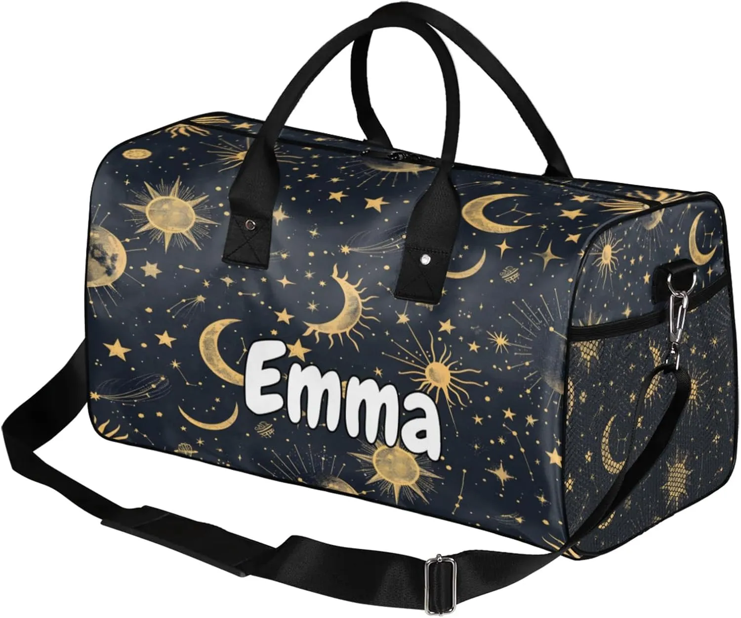 Personalized Boho Sun Moon Travel Duffel Bag with Name, Custom Gym Sport Bag Modern Stars Gothic Carry On Weekend Overnight Duffel Bag for Men Women
