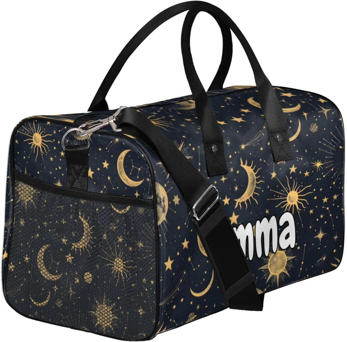 Personalized Boho Sun Moon Travel Duffel Bag with Name, Custom Gym Sport Bag Modern Stars Gothic Carry On Weekend Overnight Duffel Bag for Men Women