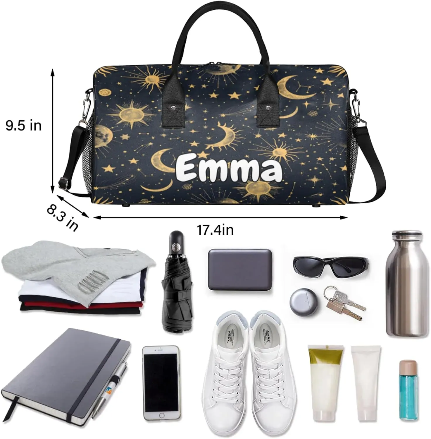Personalized Boho Sun Moon Travel Duffel Bag with Name, Custom Gym Sport Bag Modern Stars Gothic Carry On Weekend Overnight Duffel Bag for Men Women