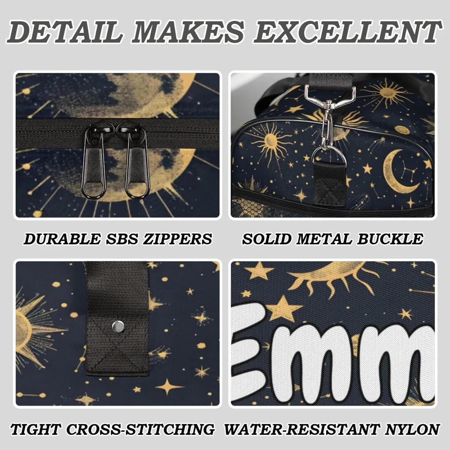 Personalized Boho Sun Moon Travel Duffel Bag with Name, Custom Gym Sport Bag Modern Stars Gothic Carry On Weekend Overnight Duffel Bag for Men Women